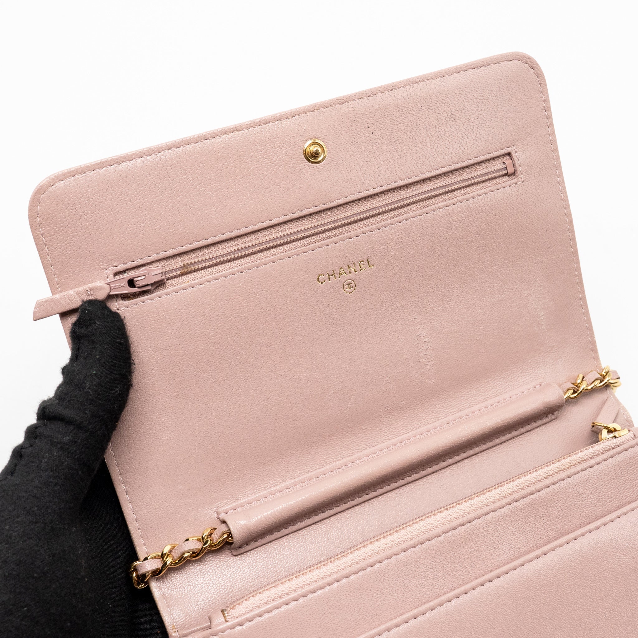 CHANEL CC LOGO WALLET WITH CHAIN GOATSKIN PINK GHW