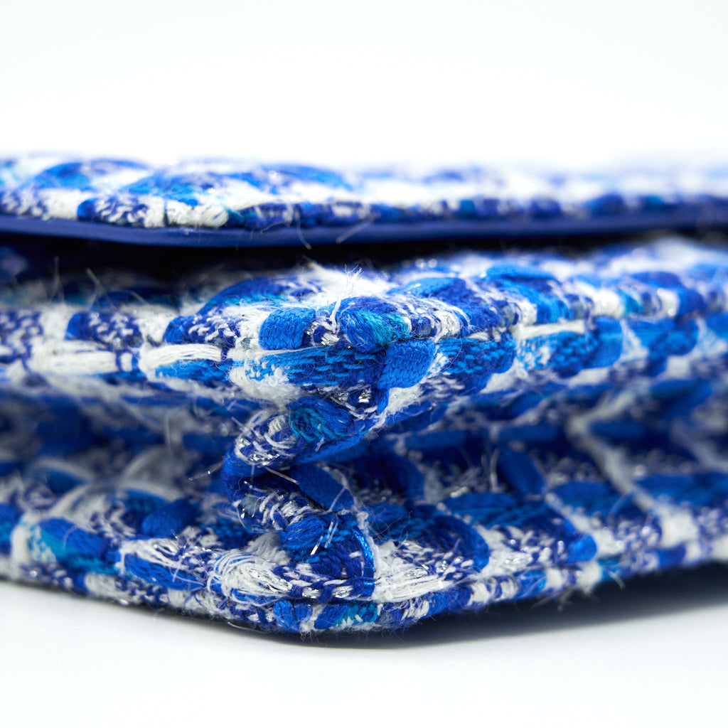 CHANEL TWEED QUILTED WALLET ON CHAIN WOC BLUE
