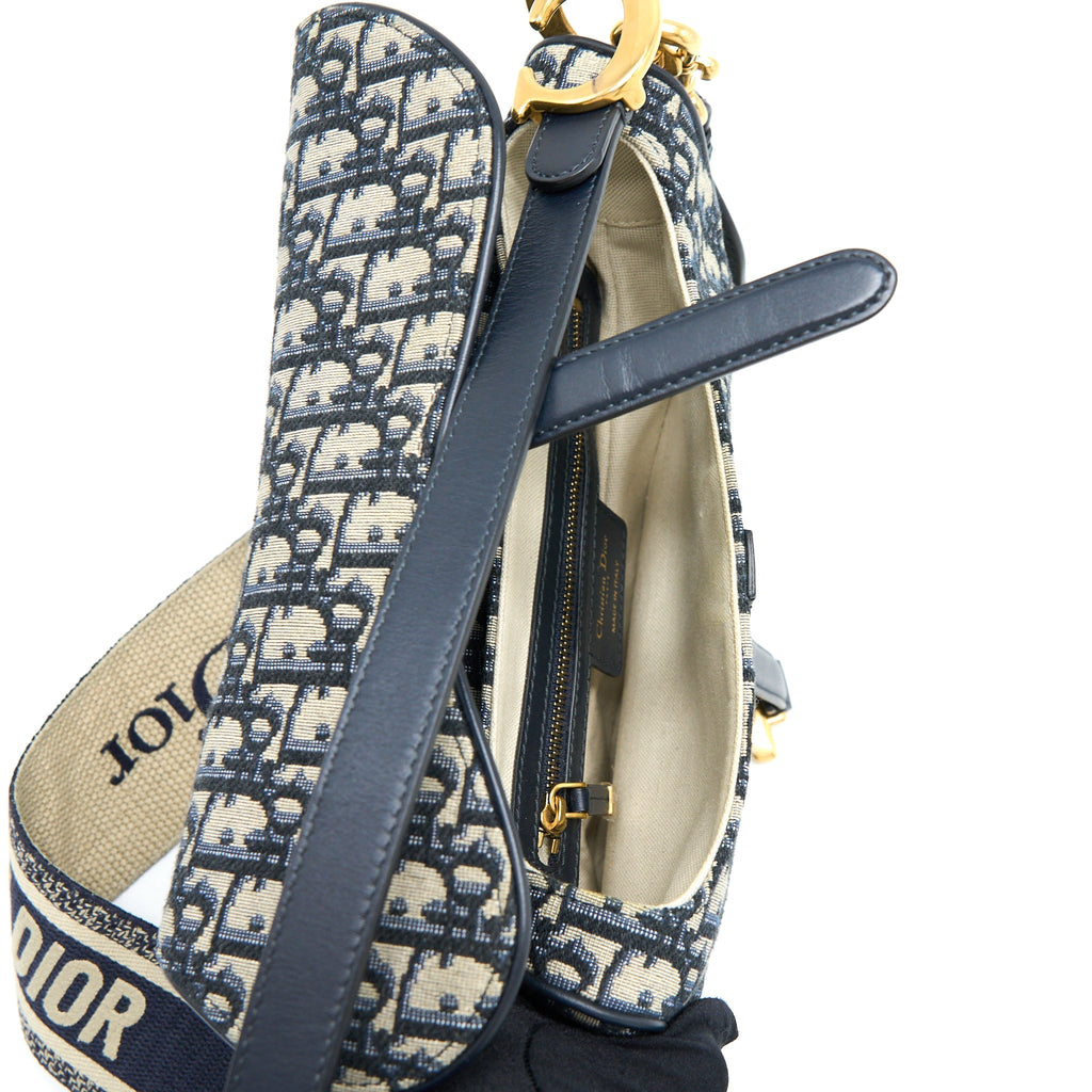 DIOR SADDLE BAG WITH REMOVABLE SHOULDER STRAP OBLIQUE EMBROIDERY BLUE GHW