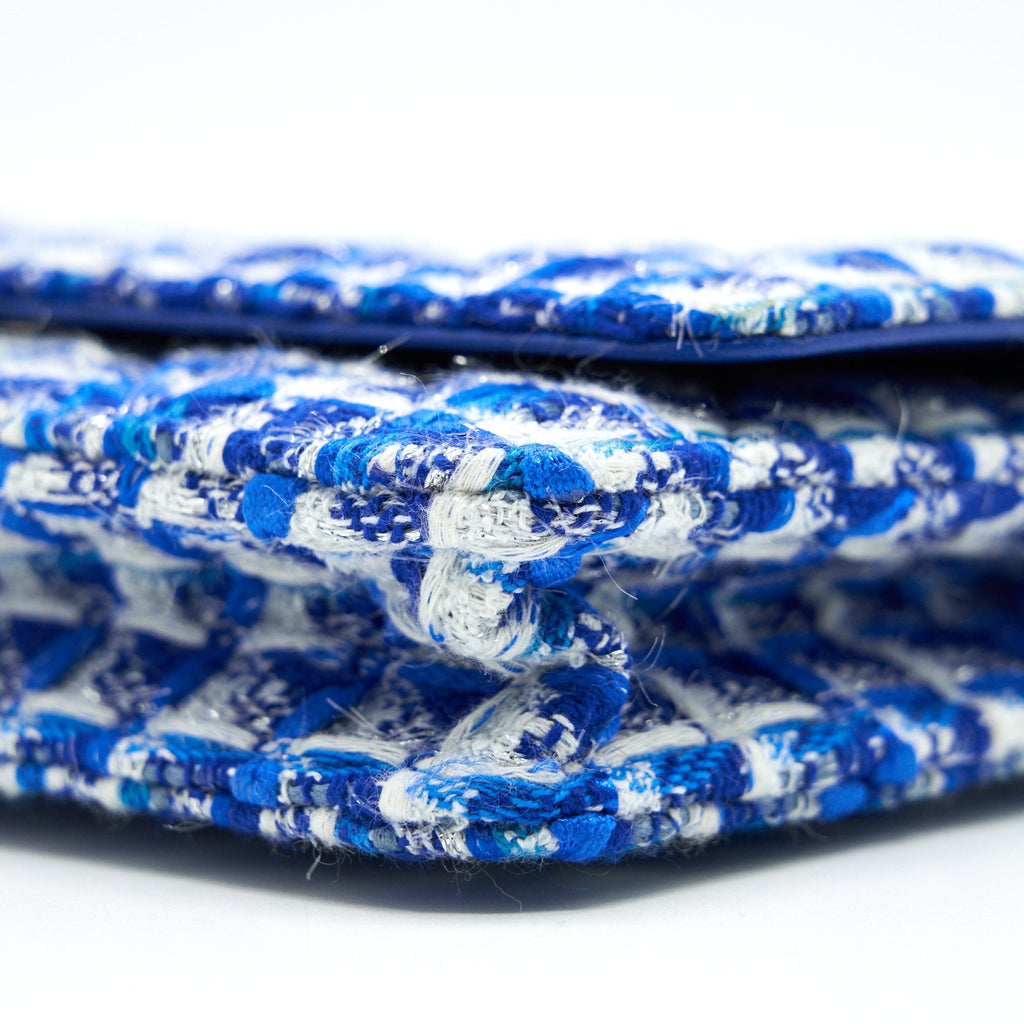 CHANEL TWEED QUILTED WALLET ON CHAIN WOC BLUE