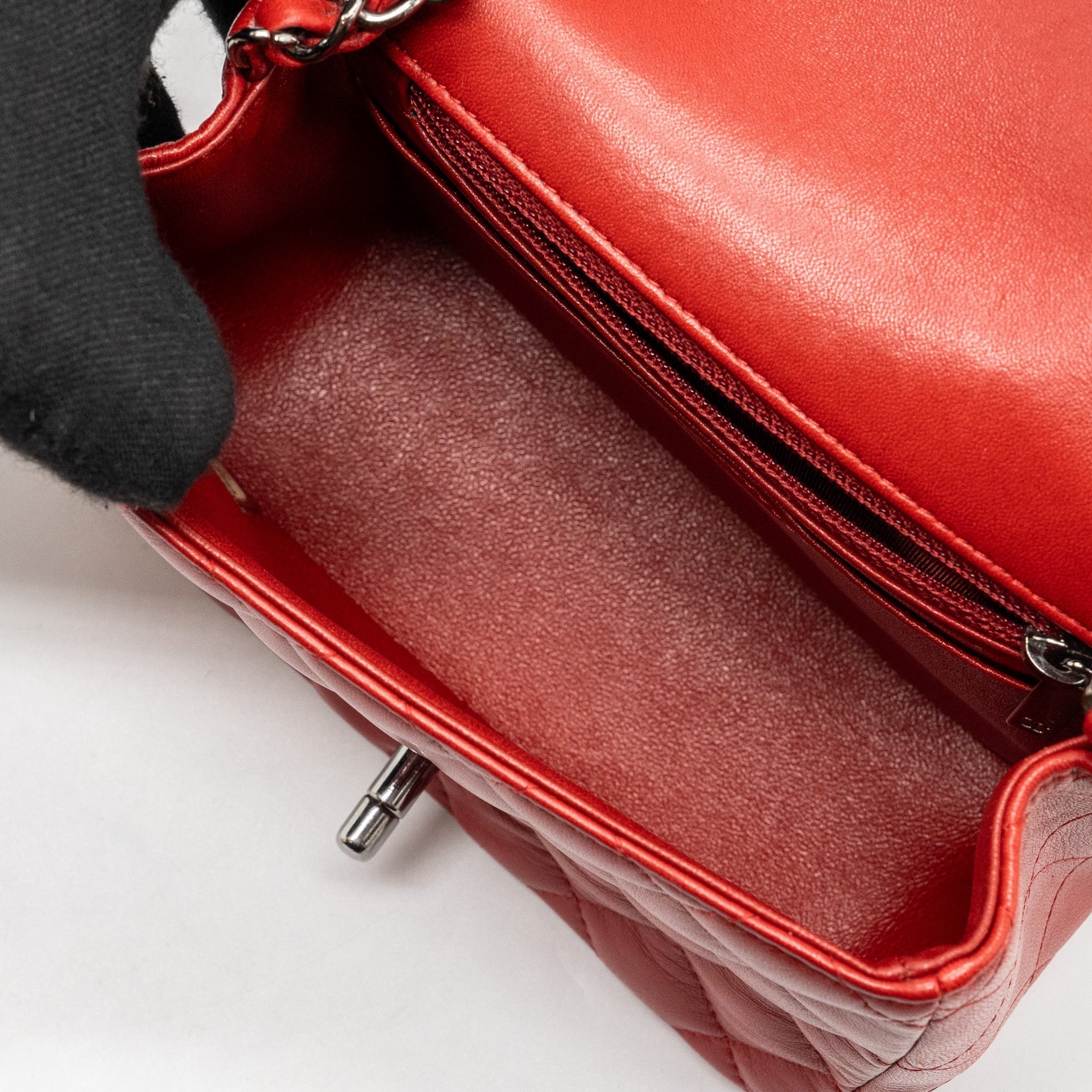 CHANEL MINI SQUARE FLAP BAG LAMBSKIN RED BLACK HARDWARE