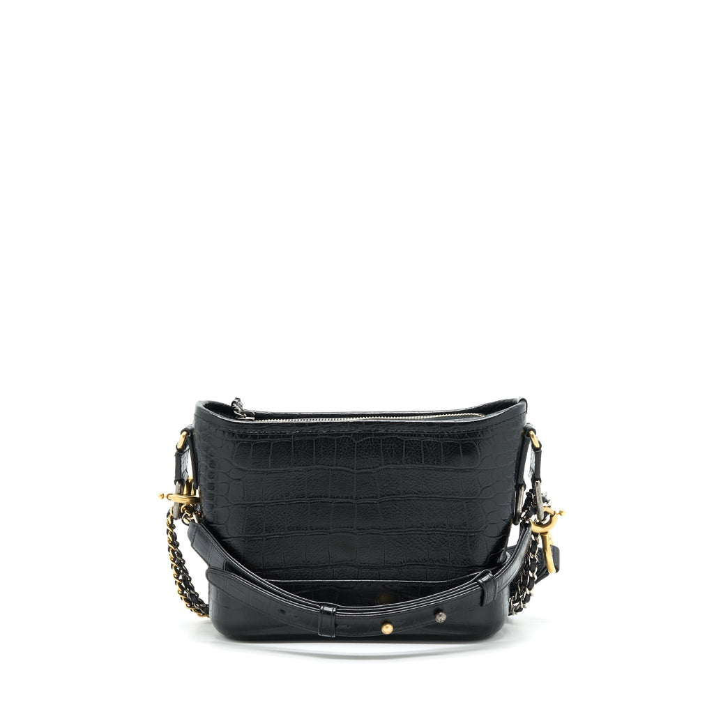 CHANEL SMALL GABRIELLE HOBO BAG WITH HANDLE CROC-EMBOSSED CALFSKIN BLACK GOLD/SILVER HARDWARE