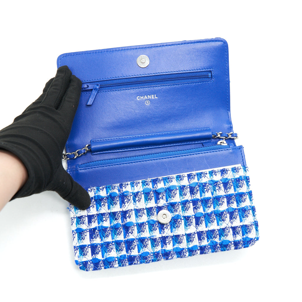 CHANEL TWEED QUILTED WALLET ON CHAIN WOC BLUE