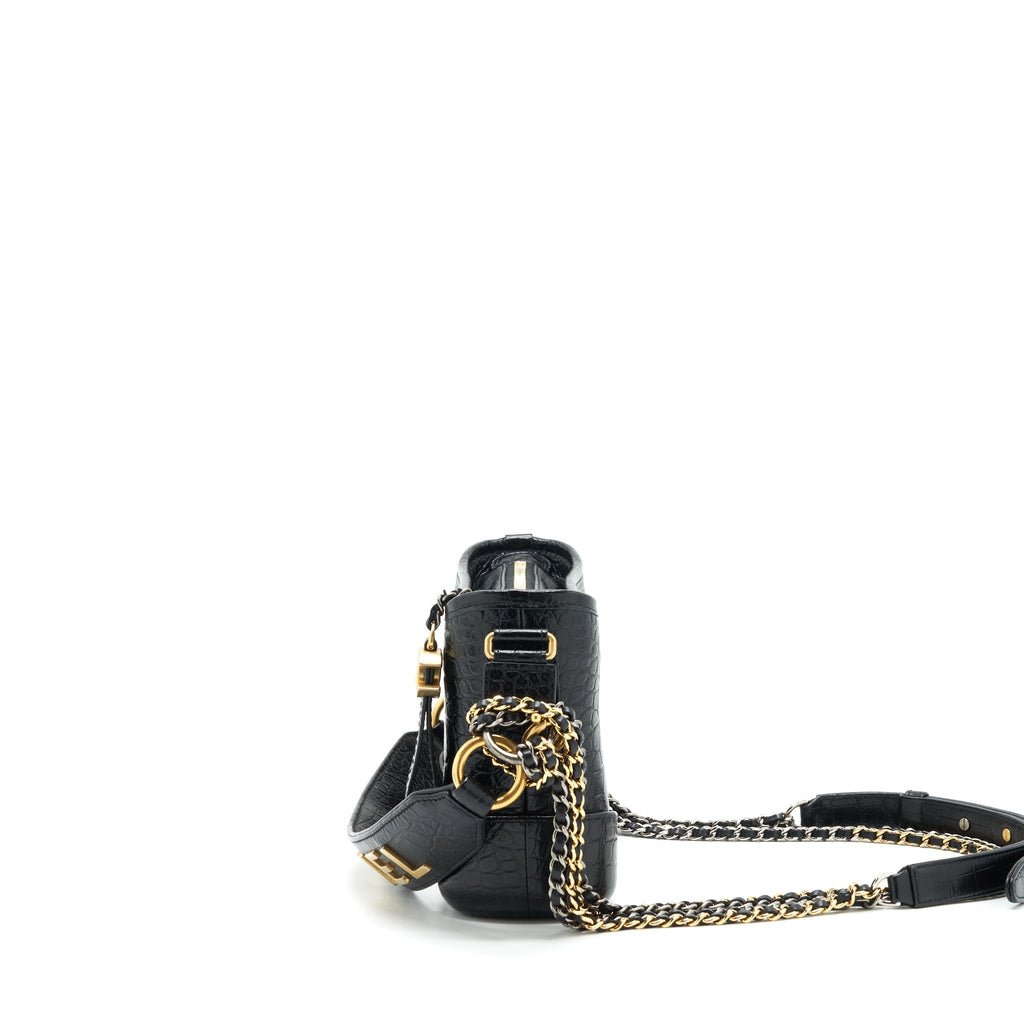 CHANEL SMALL GABRIELLE HOBO BAG WITH HANDLE CROC-EMBOSSED CALFSKIN BLACK GOLD/SILVER HARDWARE