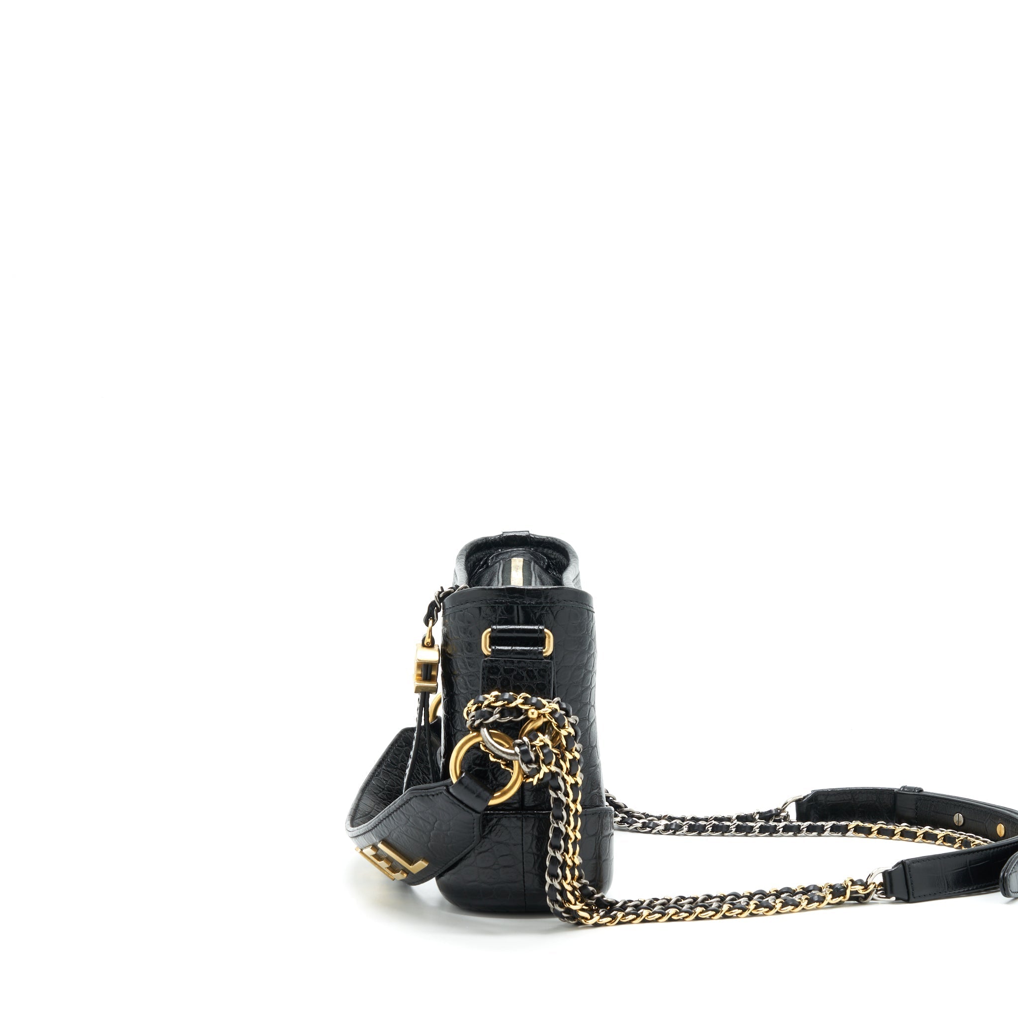 CHANEL SMALL GABRIELLE HOBO BAG WITH HANDLE CROC-EMBOSSED CALFSKIN BLACK GOLD/SILVER HARDWARE