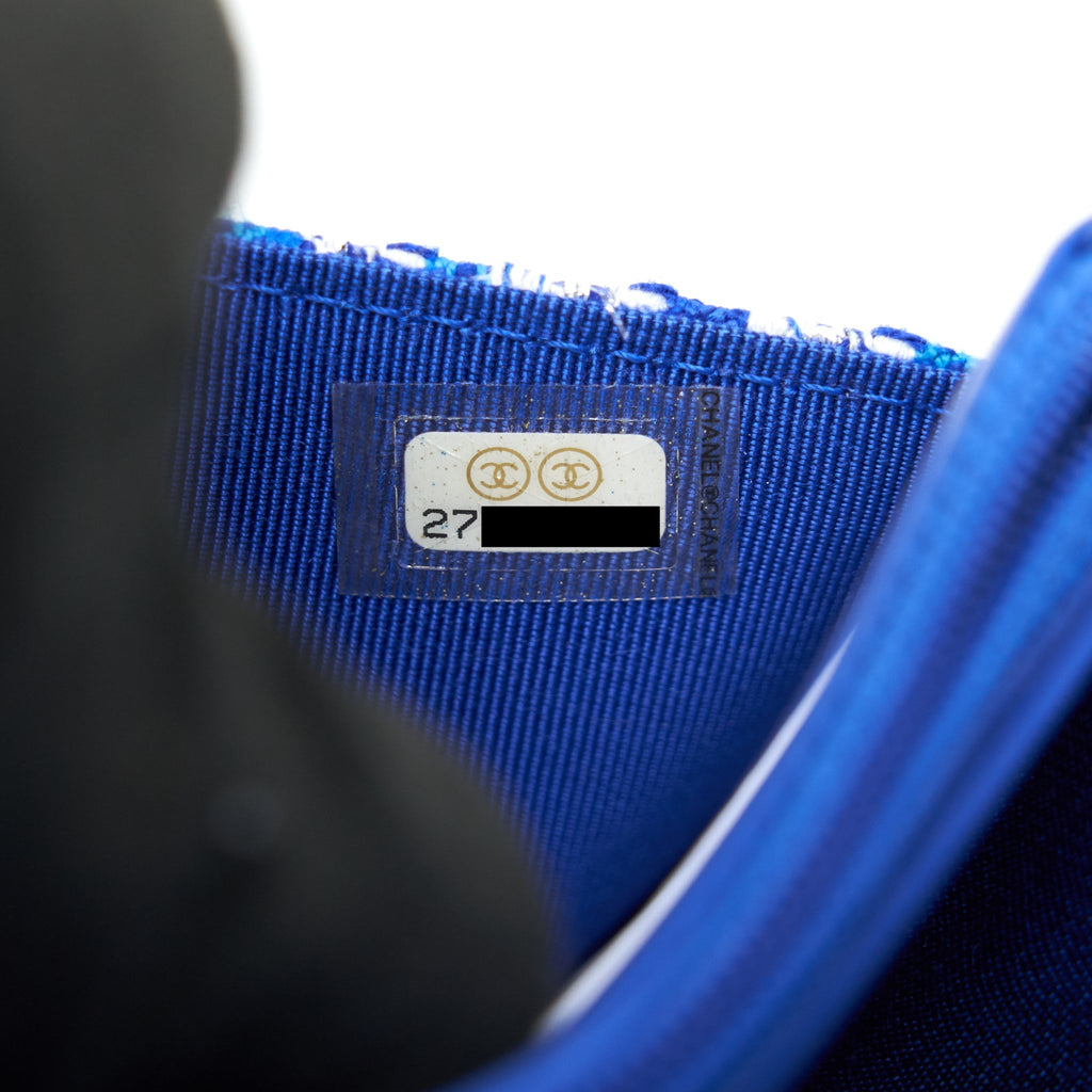 CHANEL TWEED QUILTED WALLET ON CHAIN WOC BLUE