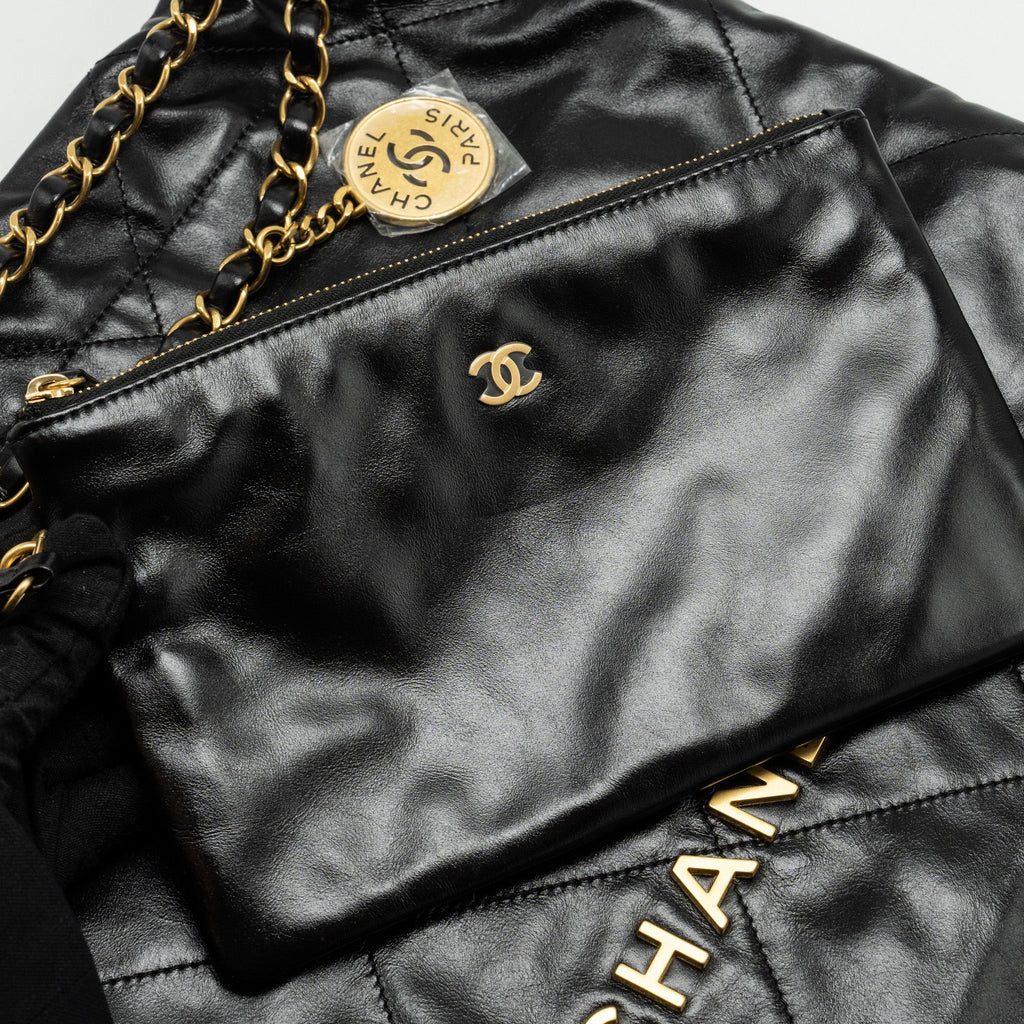 CHANEL MEDIUM 22 BAG SHINY CALFSKIN BLACK GHW (MICROCHIP)