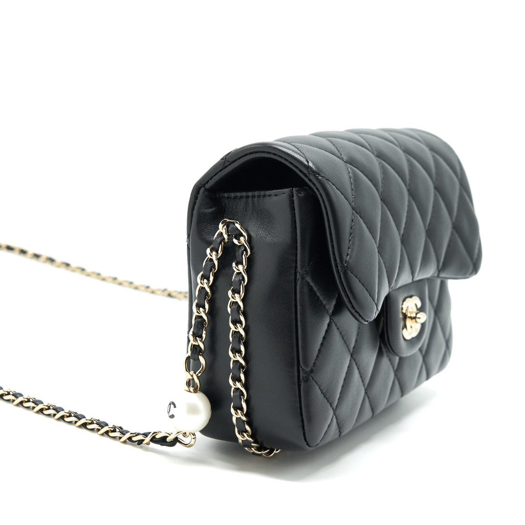 CHANEL PEARL CHAIN FLAP BAG QUILTED GRAINED LAMBSKIN BLACK LGHW