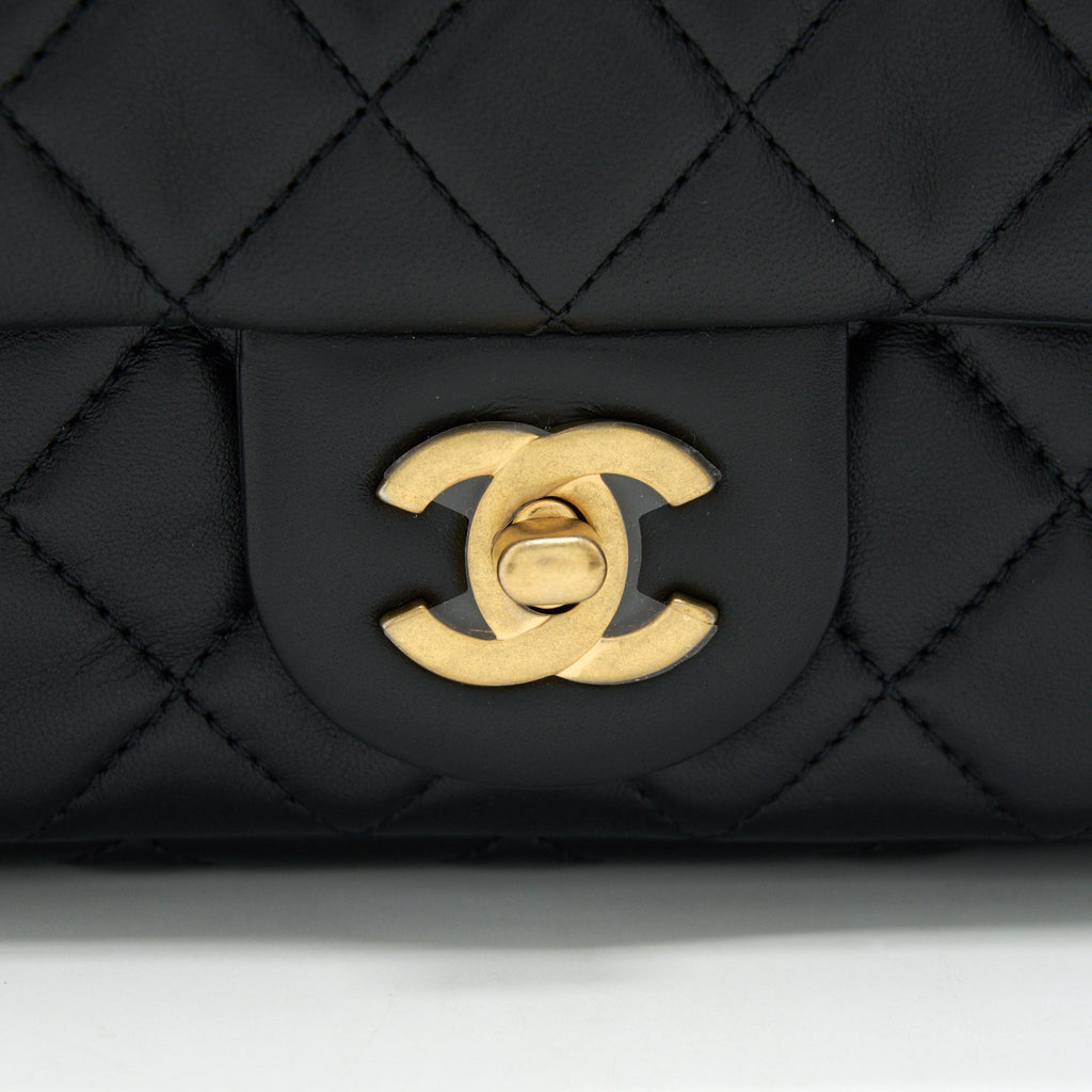 CHANEL 22C PEARL CRUSH MINI RECTANGULAR FLAP BAG LAMBSKIN BLACK GHW (MICROCHIP)