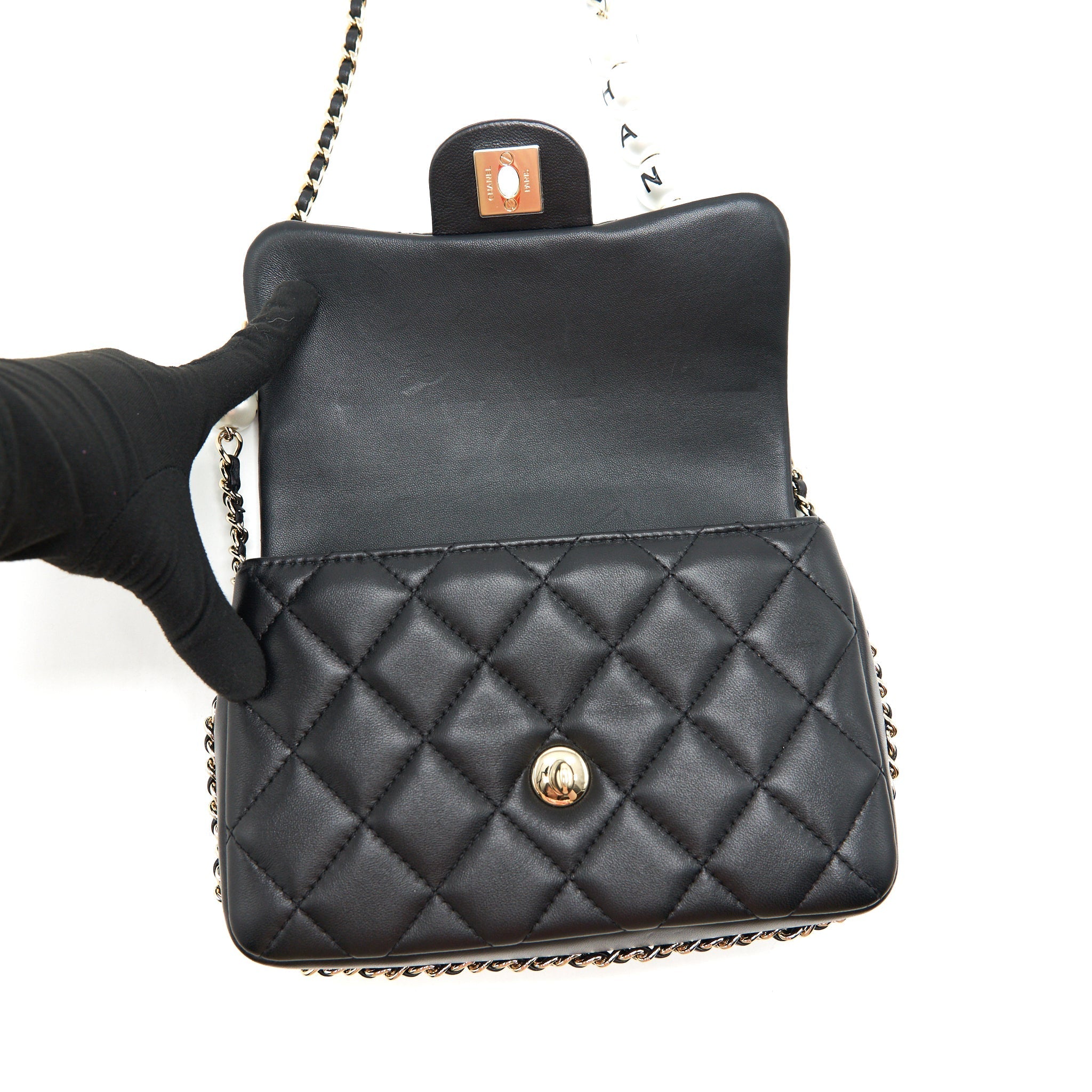 CHANEL PEARL CHAIN FLAP BAG QUILTED GRAINED LAMBSKIN BLACK LGHW