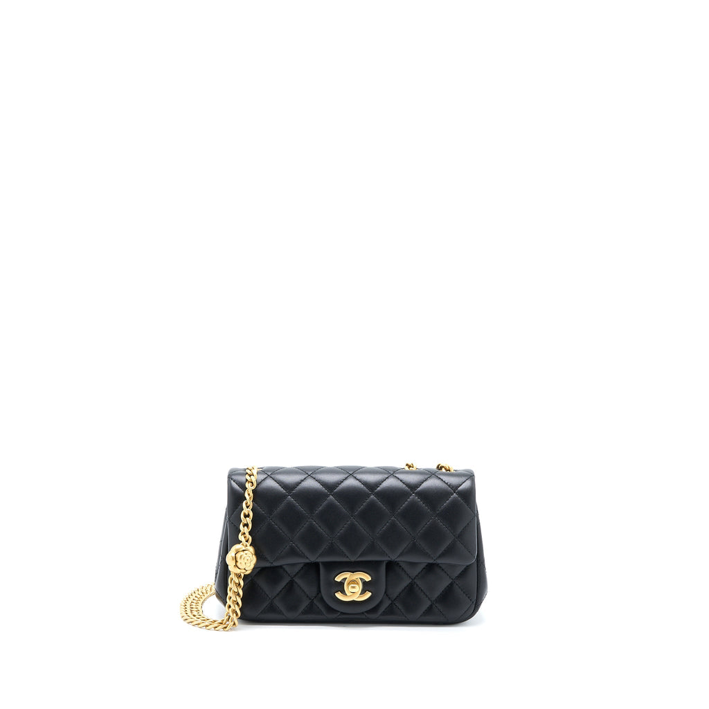 CHANEL 23S CAMELLIA CHAIN MINI RECTANGULAR LAMBSKIN BLACK BRUSHED GHW (MICROCHIP)