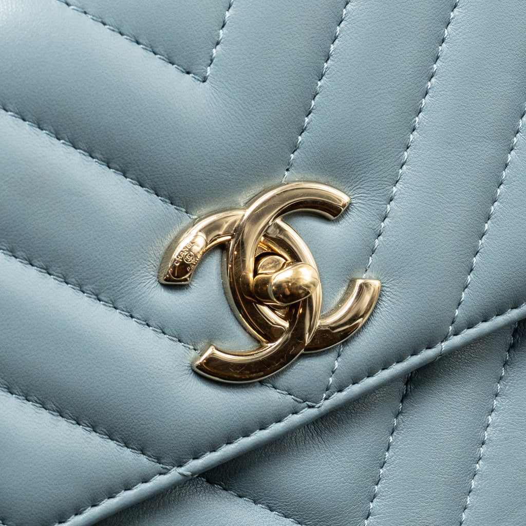 CHANEL TOP HANDLE TRENDY CC FLAP BAG CHEVRON LAMBSKIN BLUE LGHW