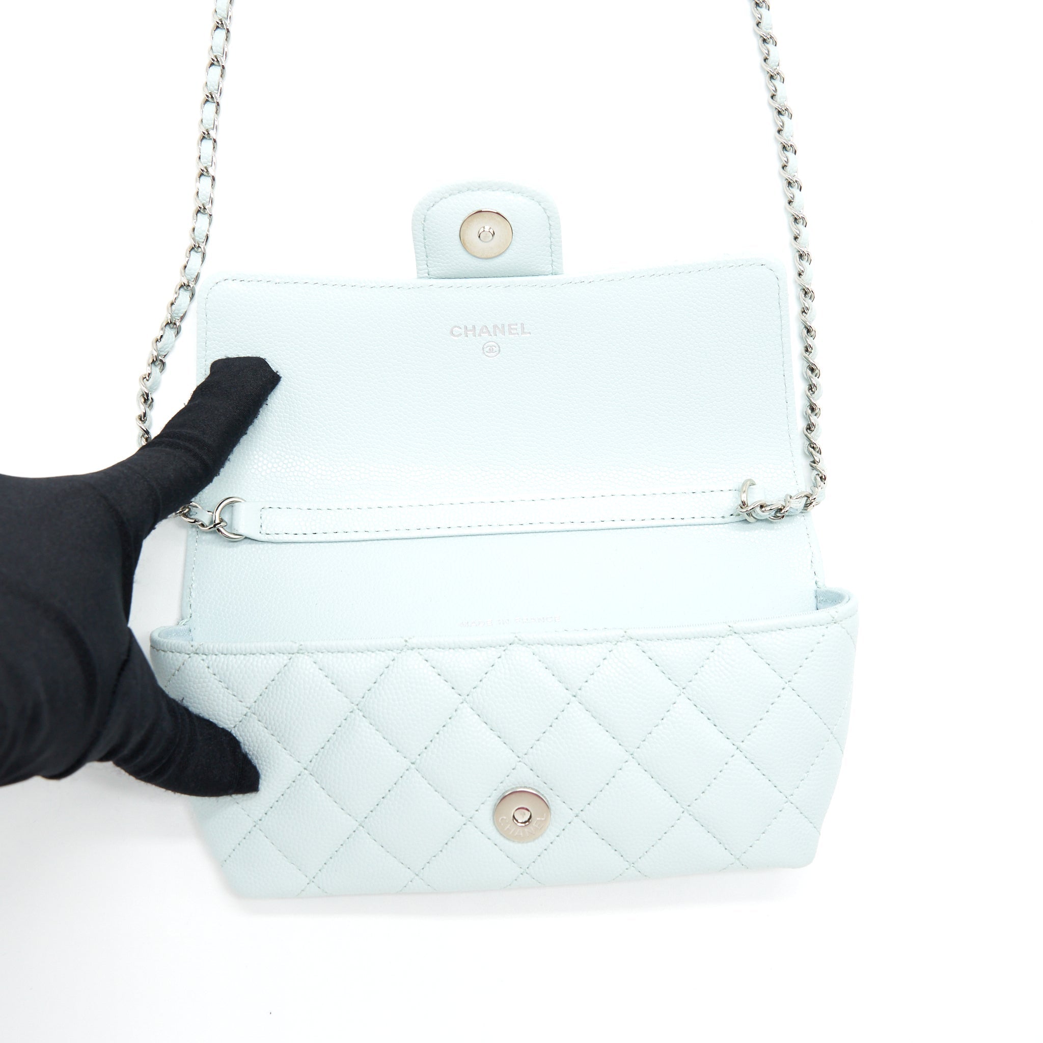 CHANEL GLASSES CASE WITH CHAIN CAVIAR LIGHT BLUE SHW