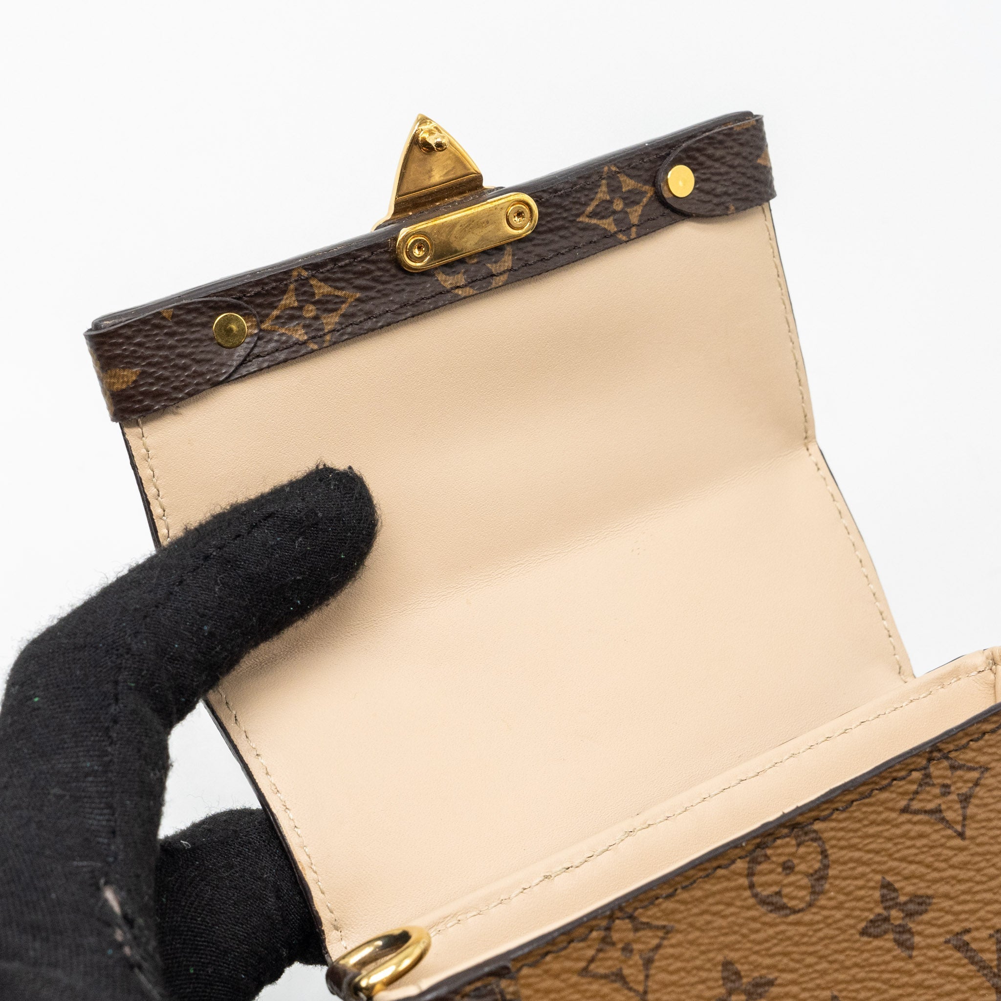LOUIS VUITTON VERTICAL TRUNK POCHETTE WITH CHAIN MONOGRAM REVERSE CANVAS GHW