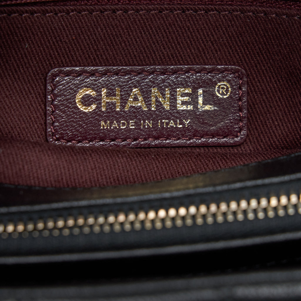 CHANEL LARGE FLAP BAG CALFSKIN BLACK RUTHENIUM GOLD HARDWARE