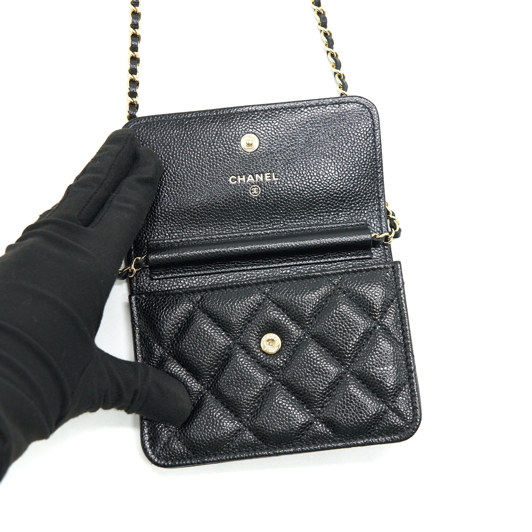 CHANEL 21A FLAP CARD HOLDER WITH CHAIN BLACK GHW