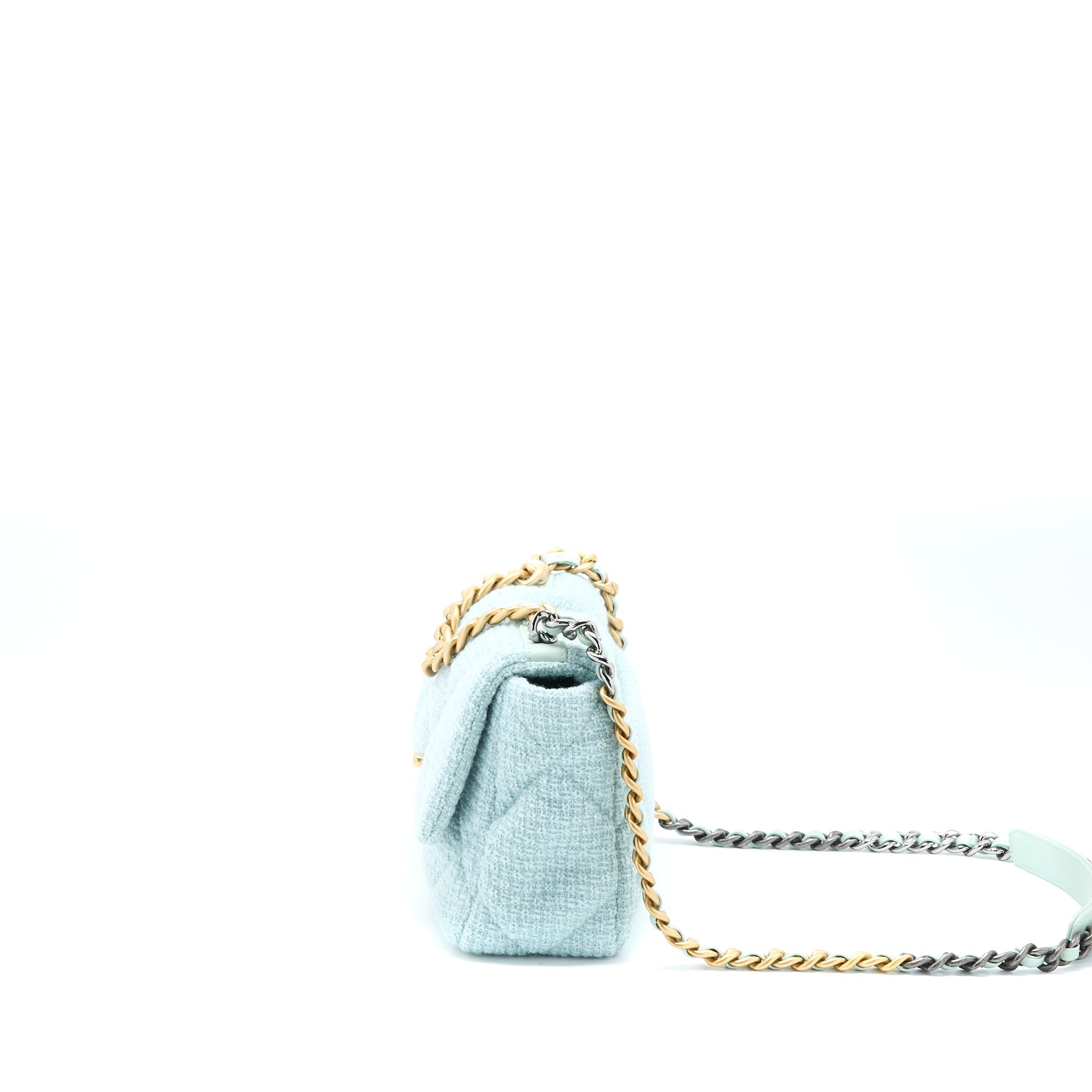CHANEL 22B SMALL 19 BAG TWEED LIGHT GREEN MULTICOLOUR HARDWARE (MICORCHIP)