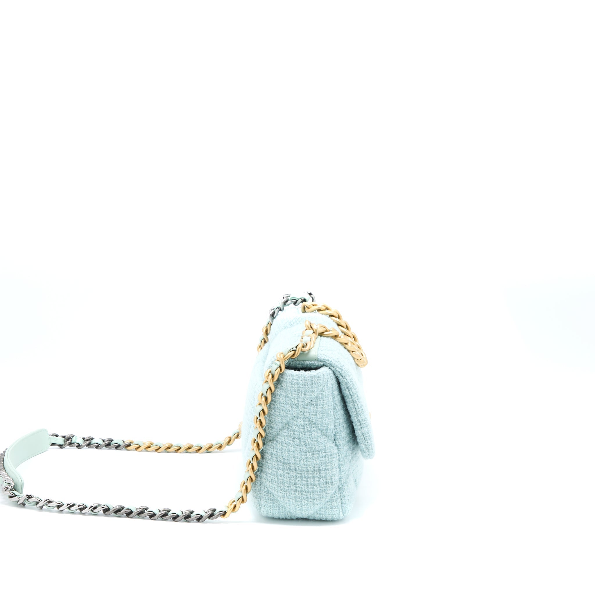 CHANEL 22B SMALL 19 BAG TWEED LIGHT GREEN MULTICOLOUR HARDWARE (MICORCHIP)