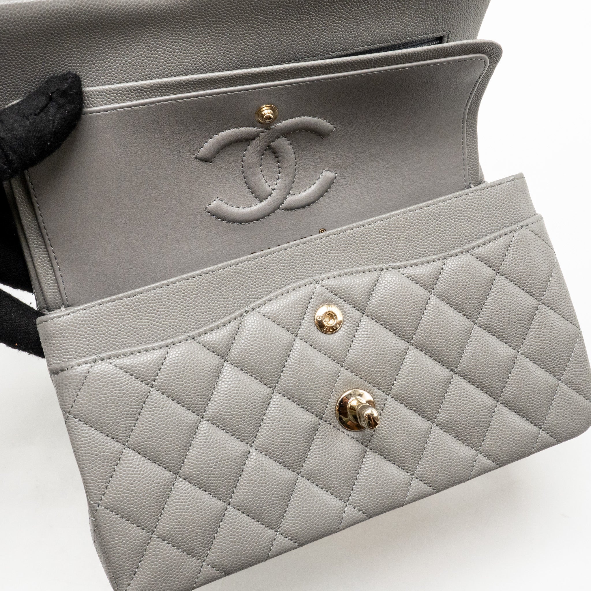 CHANEL SMALL CLASSIC DOUBLE FLAP BAG CAVIAR DARK GREY LGHW (MICROCHIP)