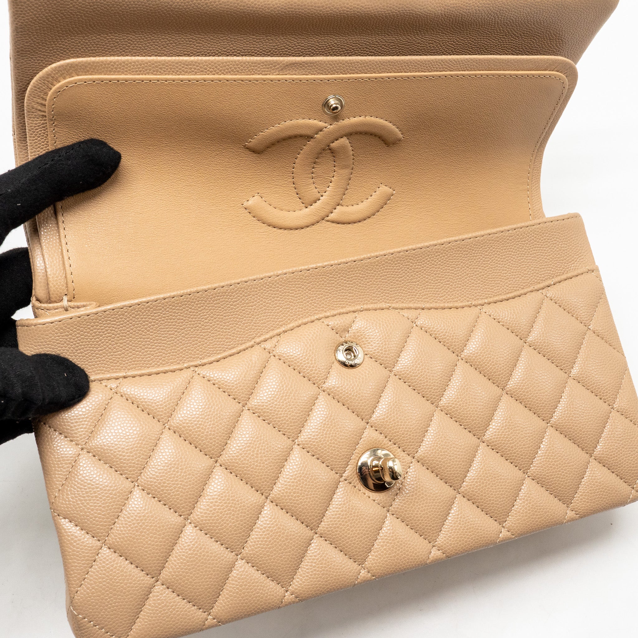 CHANEL MEDIUM CLASSIC DOUBLE FLAP BAG CAVIAR DARK BEIGE LGHW
