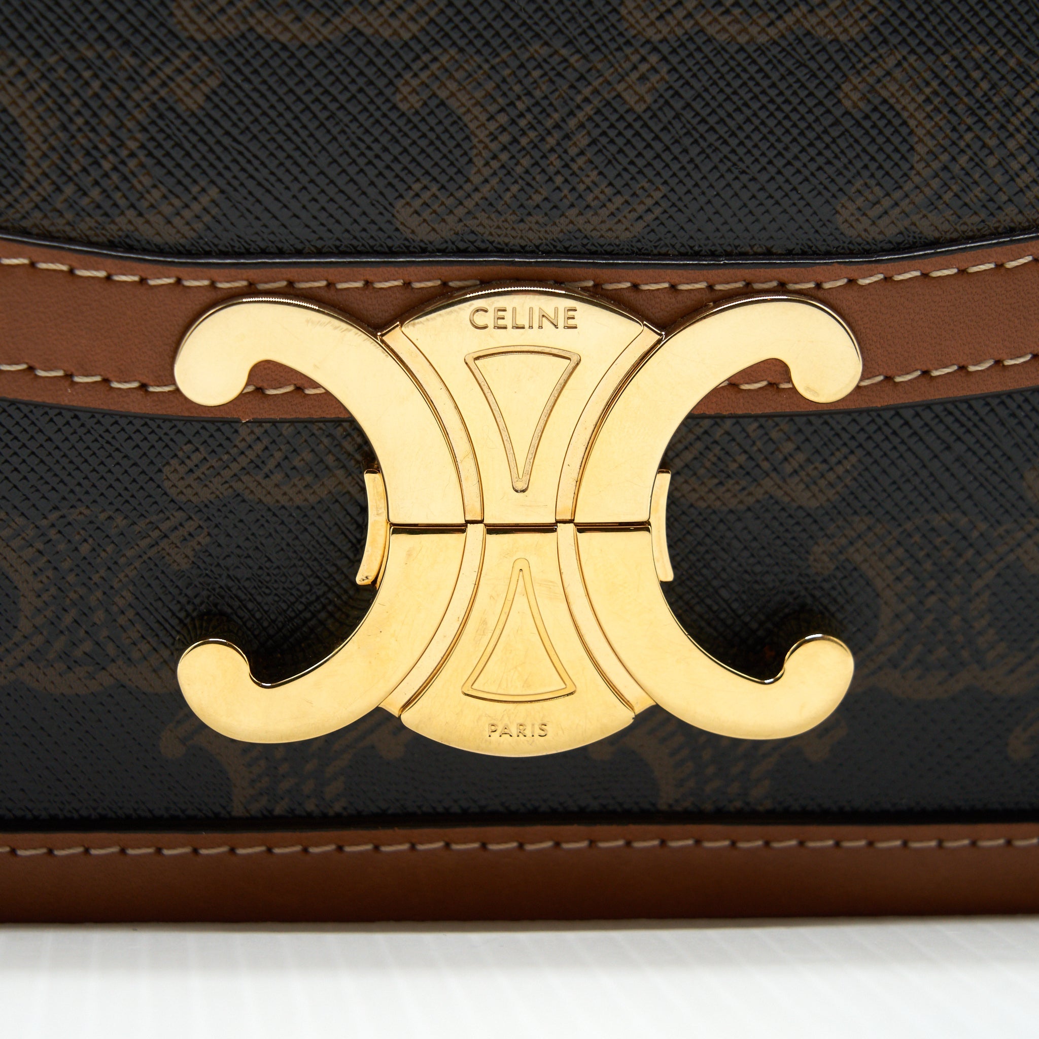 CELINE TEEN TRIOMPHE BAG IN TRIOMPHE CANVAS AND CALFSKIN TAN
