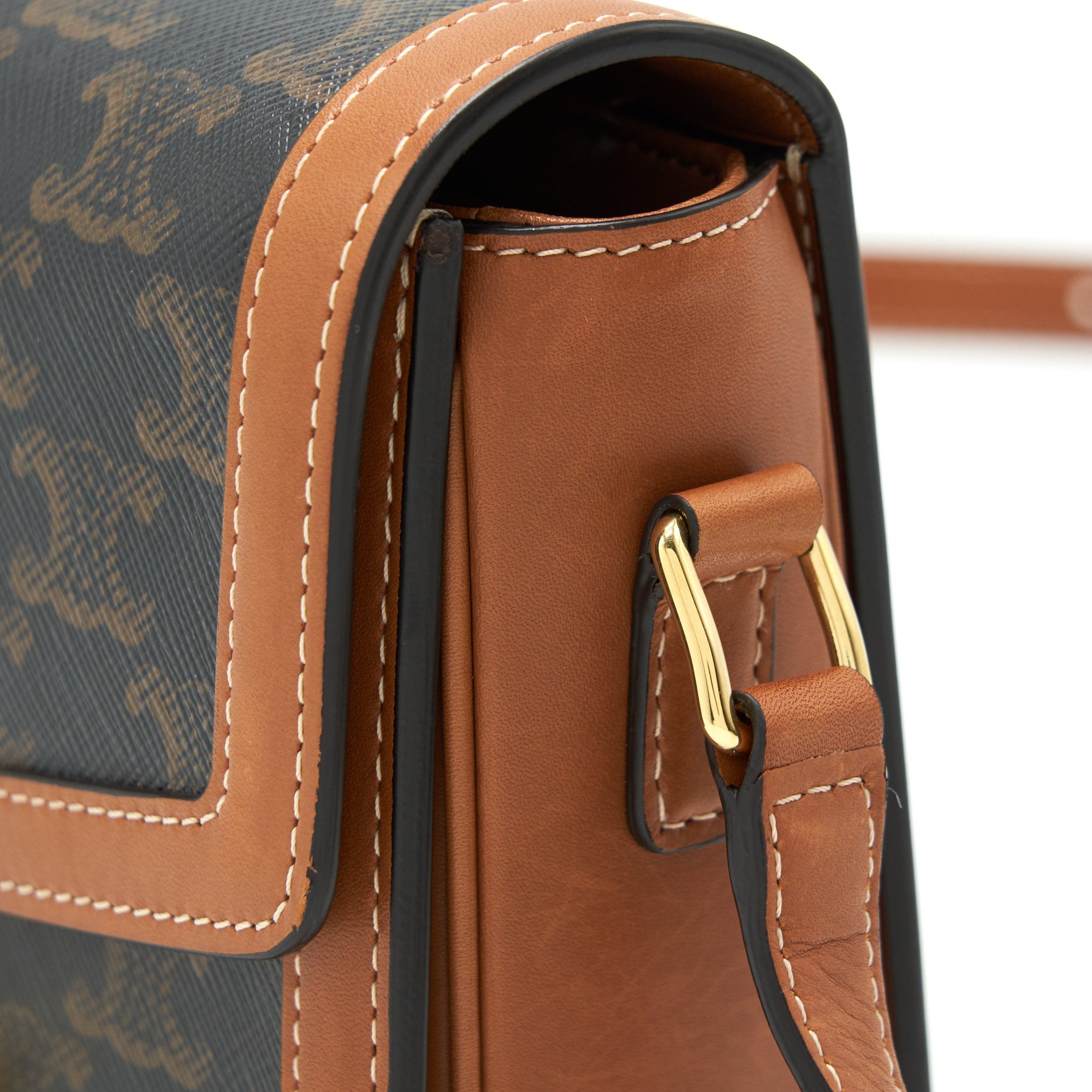 CELINE TEEN TRIOMPHE BAG IN TRIOMPHE CANVAS AND CALFSKIN TAN