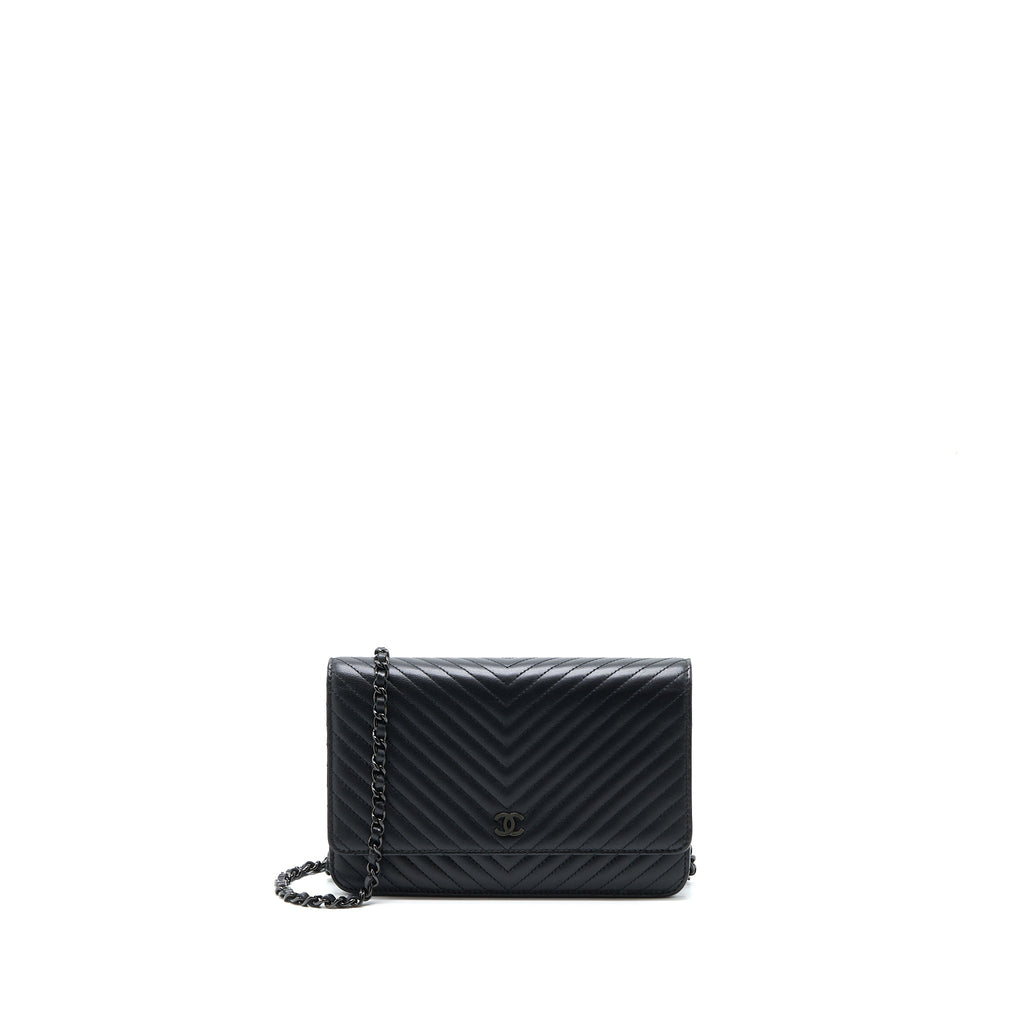 CHANEL CHEVRON WALLET ON CHAIN BLACK WITH BLACK HARDWARE