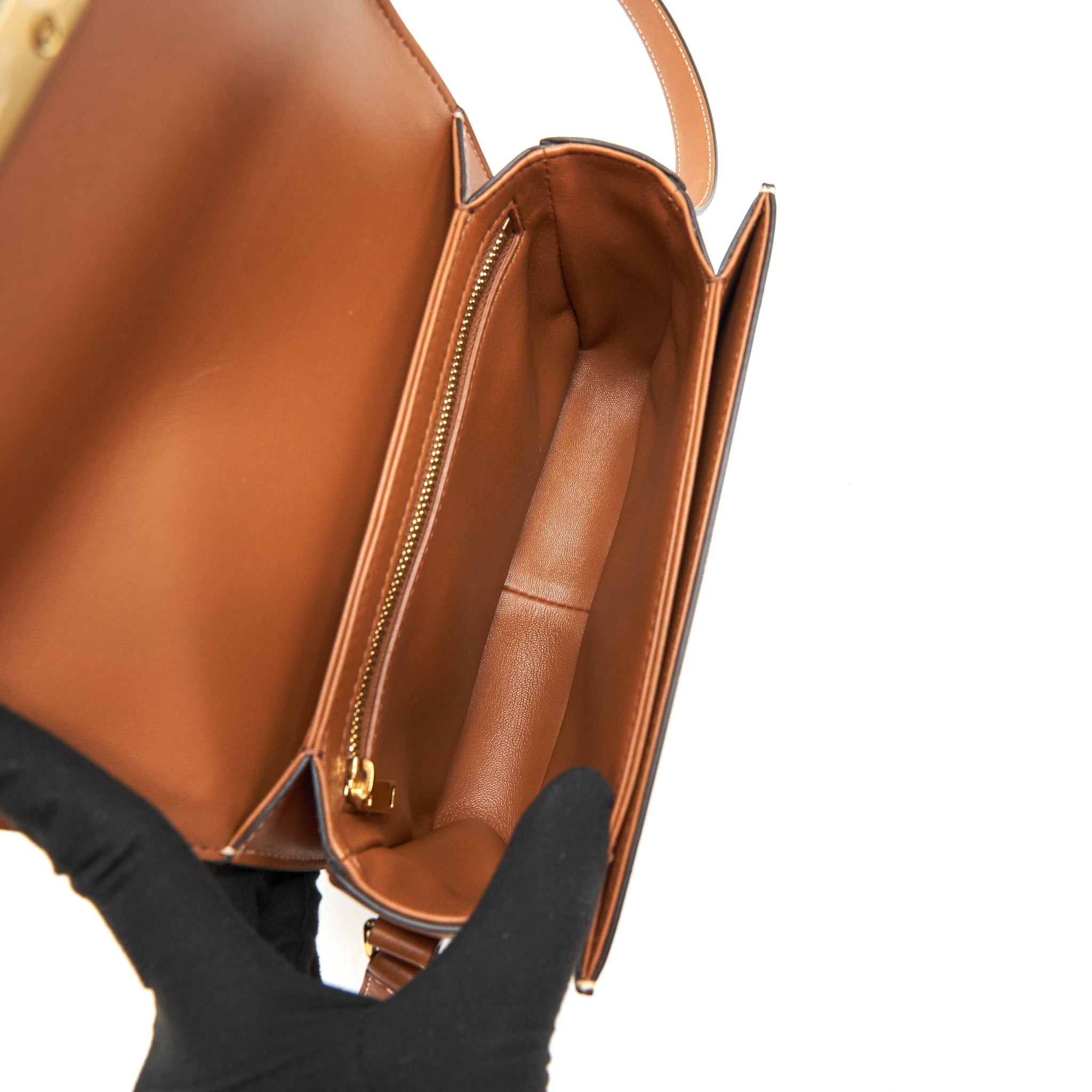 CELINE TEEN TRIOMPHE BAG IN TRIOMPHE CANVAS AND CALFSKIN TAN