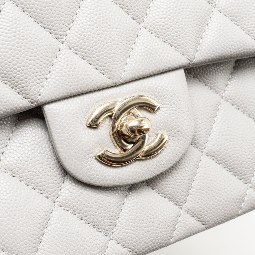 CHANEL SMALL CLASSIC DOUBLE FLAP BAG CAVIAR LIGHT GREY LGHW (MICROCHIP)