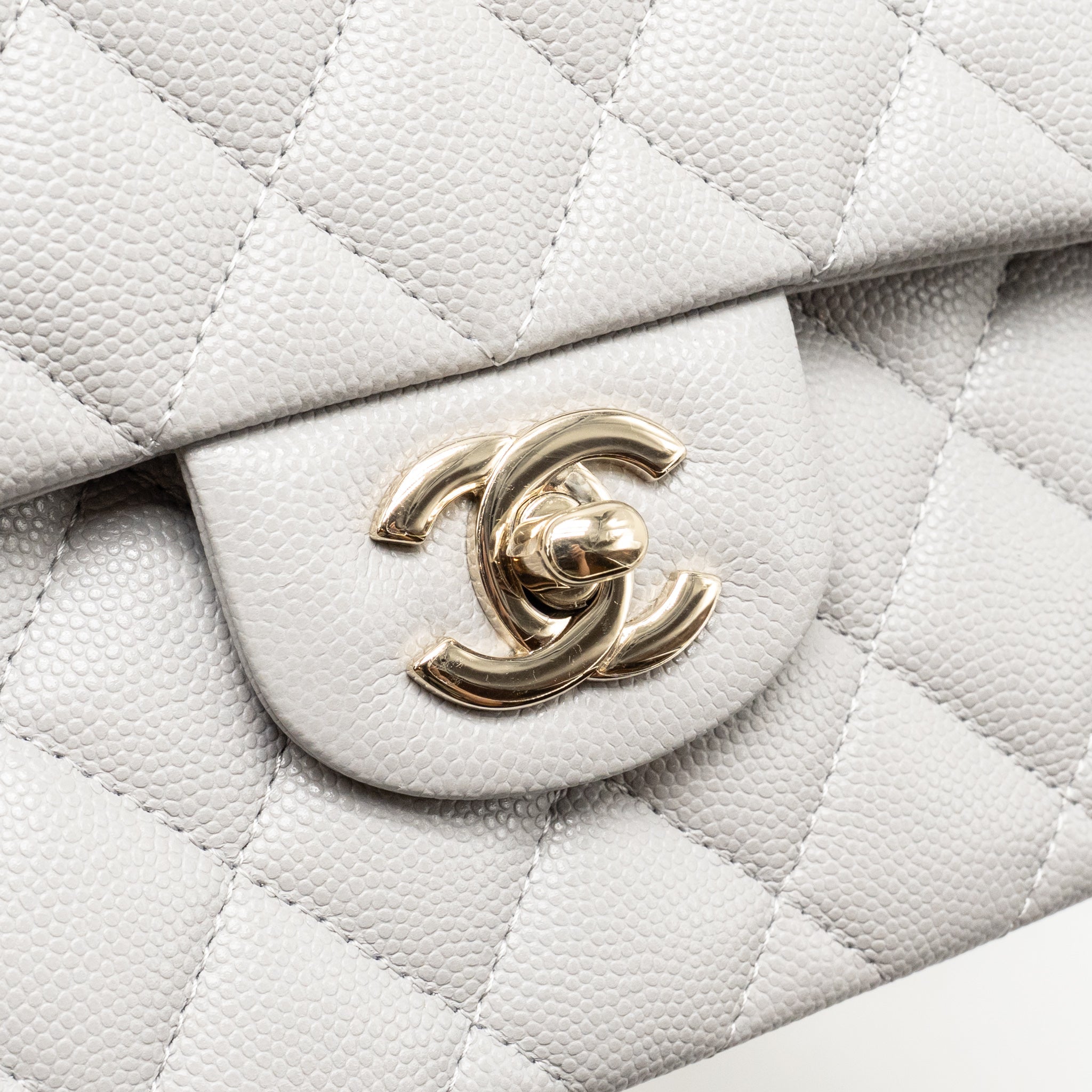 CHANEL SMALL CLASSIC DOUBLE FLAP BAG CAVIAR LIGHT GREY LGHW (MICROCHIP)