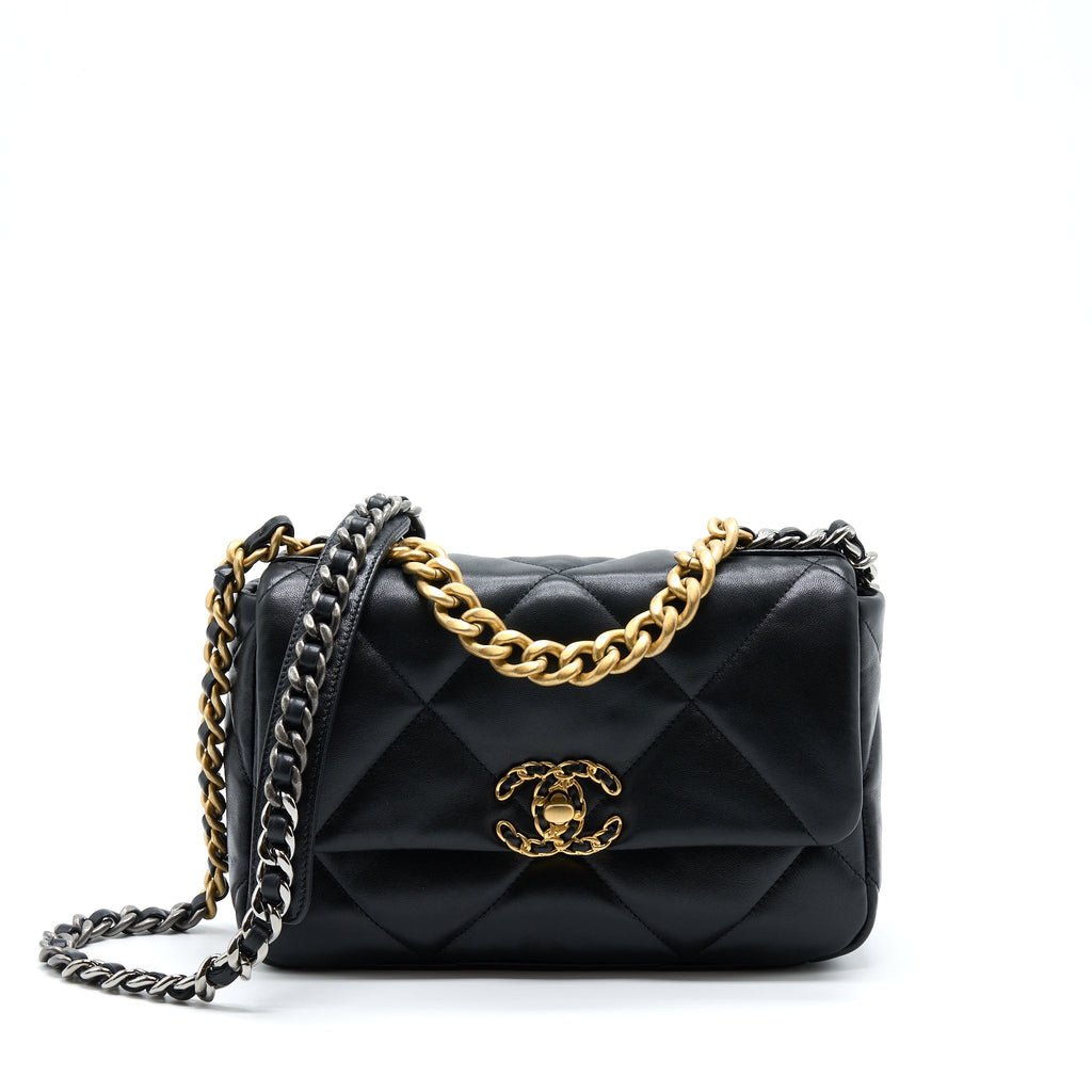 CHANEL SMALL 19 BAG LAMBSKIN BLACK WITH MULTICOLOUR HARDWARE (MICROCHIP)
