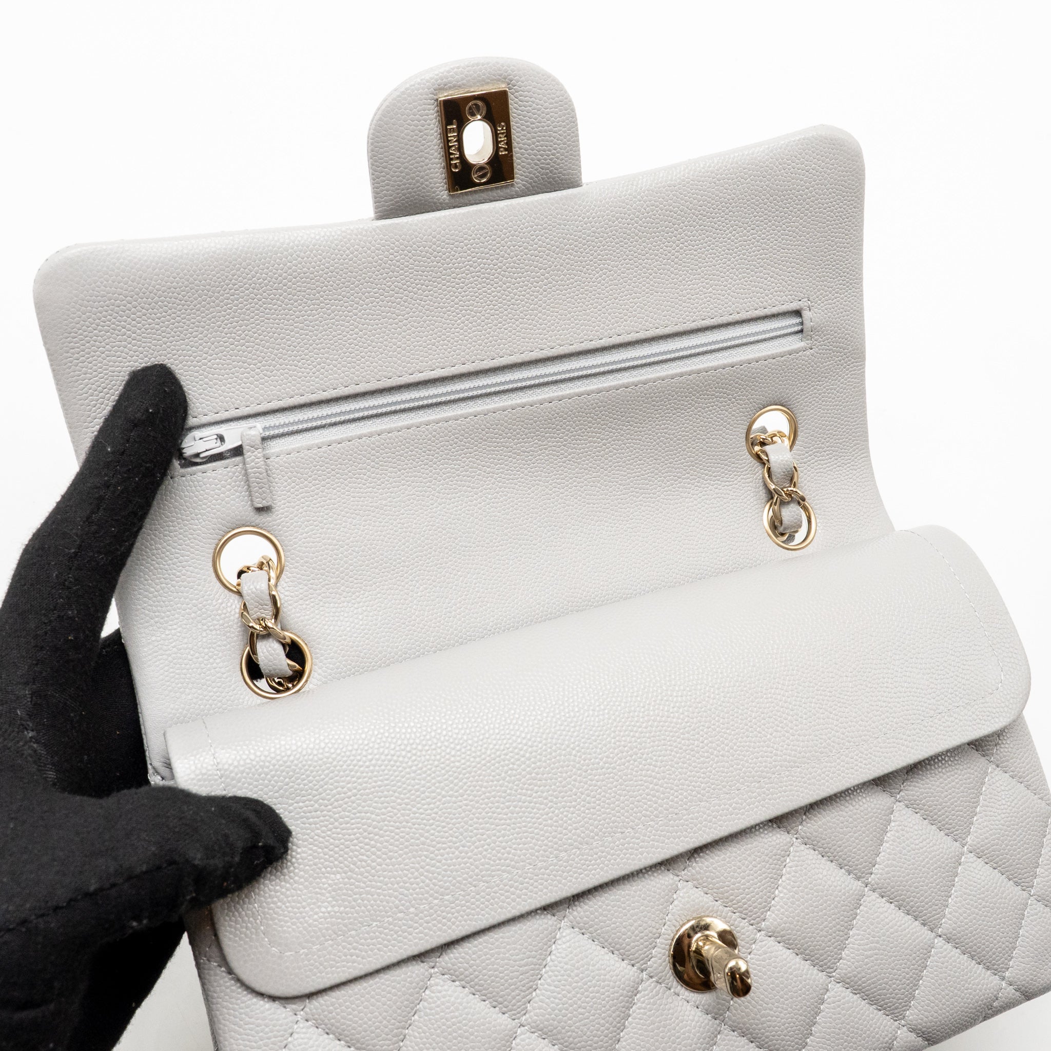 CHANEL SMALL CLASSIC DOUBLE FLAP BAG CAVIAR LIGHT GREY LGHW (MICROCHIP)