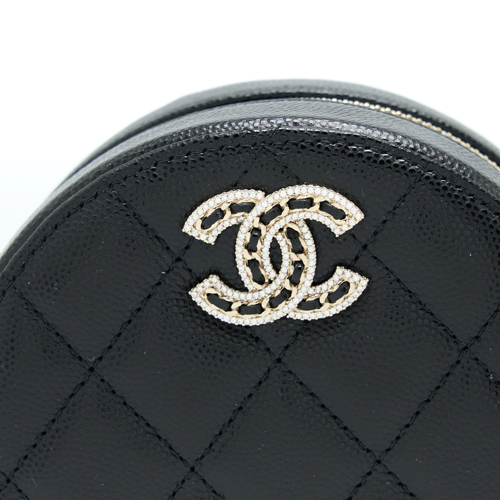CHANEL CRYSTAL CC LOGO ROUND CLUTCH WITH CHAIN CAVIAR BLACK LGHW