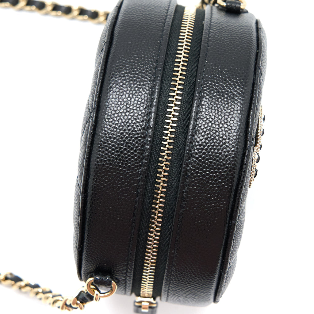 CHANEL CRYSTAL CC LOGO ROUND CLUTCH WITH CHAIN CAVIAR BLACK LGHW