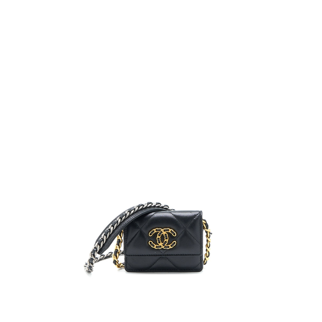 CHANEL 19 FLAP CARD HOLDER WITH CHAIN LAMBSKIN BLACK MULTICOLOUR HARDWARE