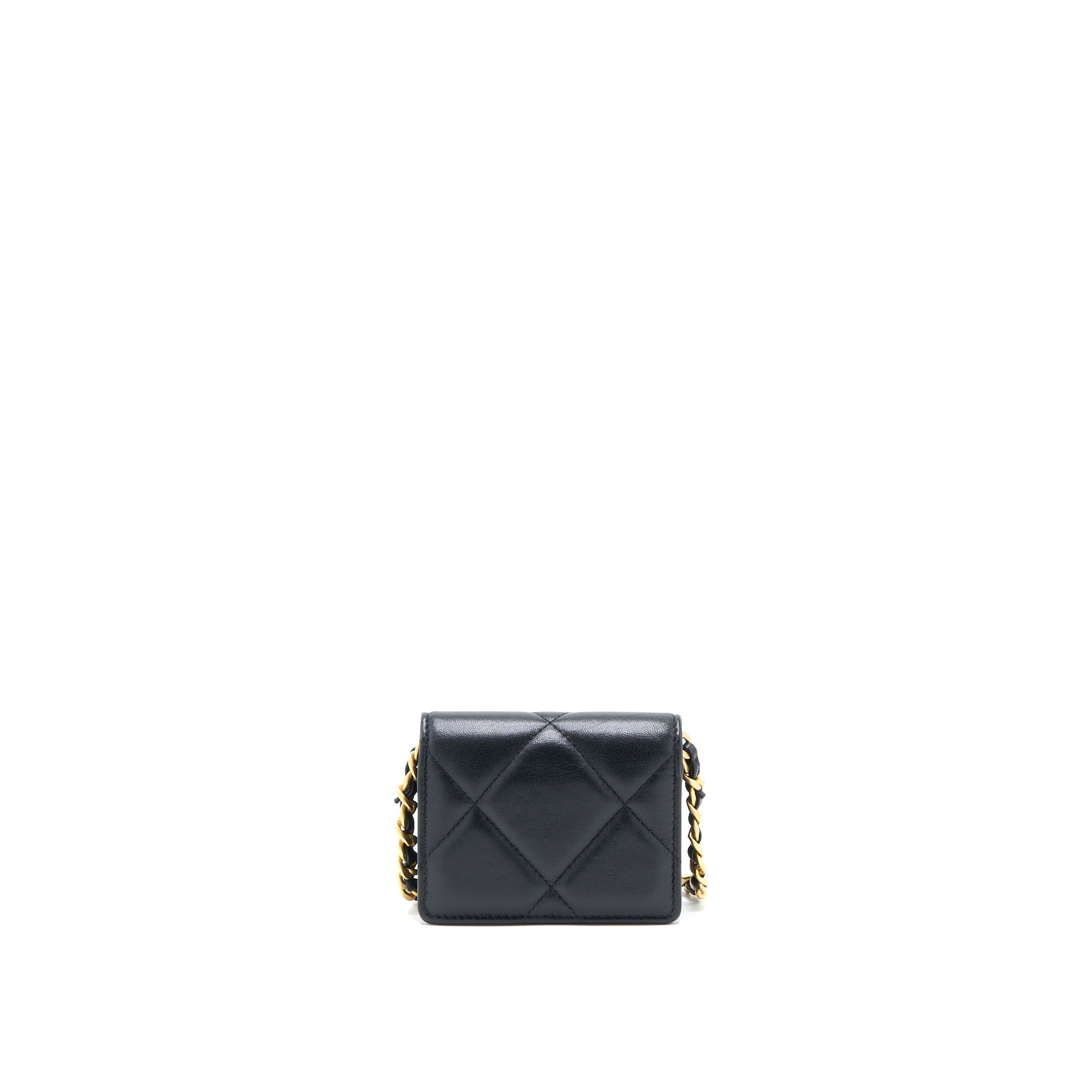 CHANEL 19 FLAP CARD HOLDER WITH CHAIN LAMBSKIN BLACK MULTICOLOUR HARDWARE