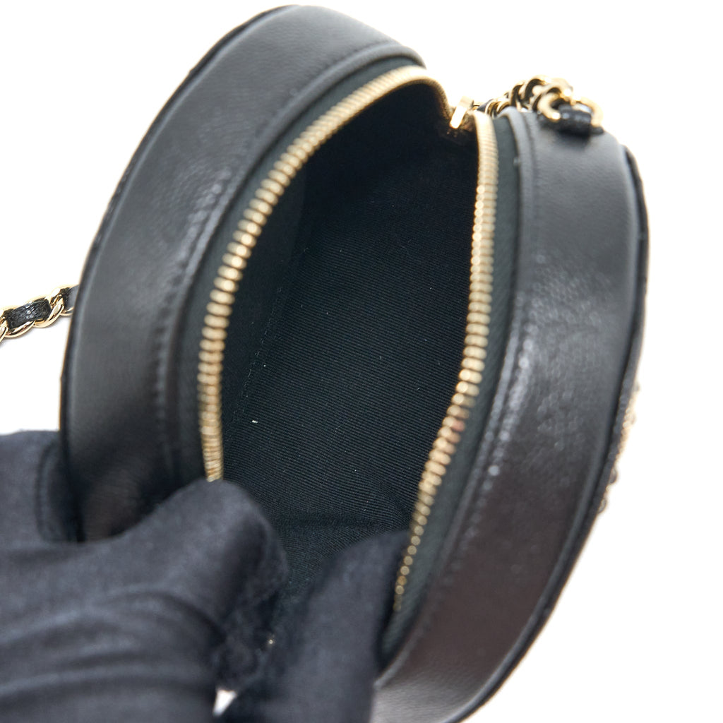 CHANEL CRYSTAL CC LOGO ROUND CLUTCH WITH CHAIN CAVIAR BLACK LGHW