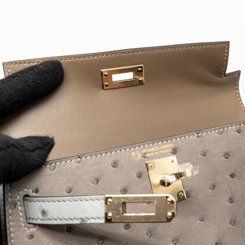 HERMES MINI KELLY II SPECIAL ORDER OSTRICH GRIS TOURTERELLE / BLUE GLACIER LGHW
