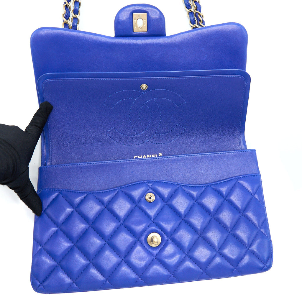 CHANEL JUMBO CLASSIC DOUBLE FLAP BAG LAMBSKIN BLUE BRUSHED GHW