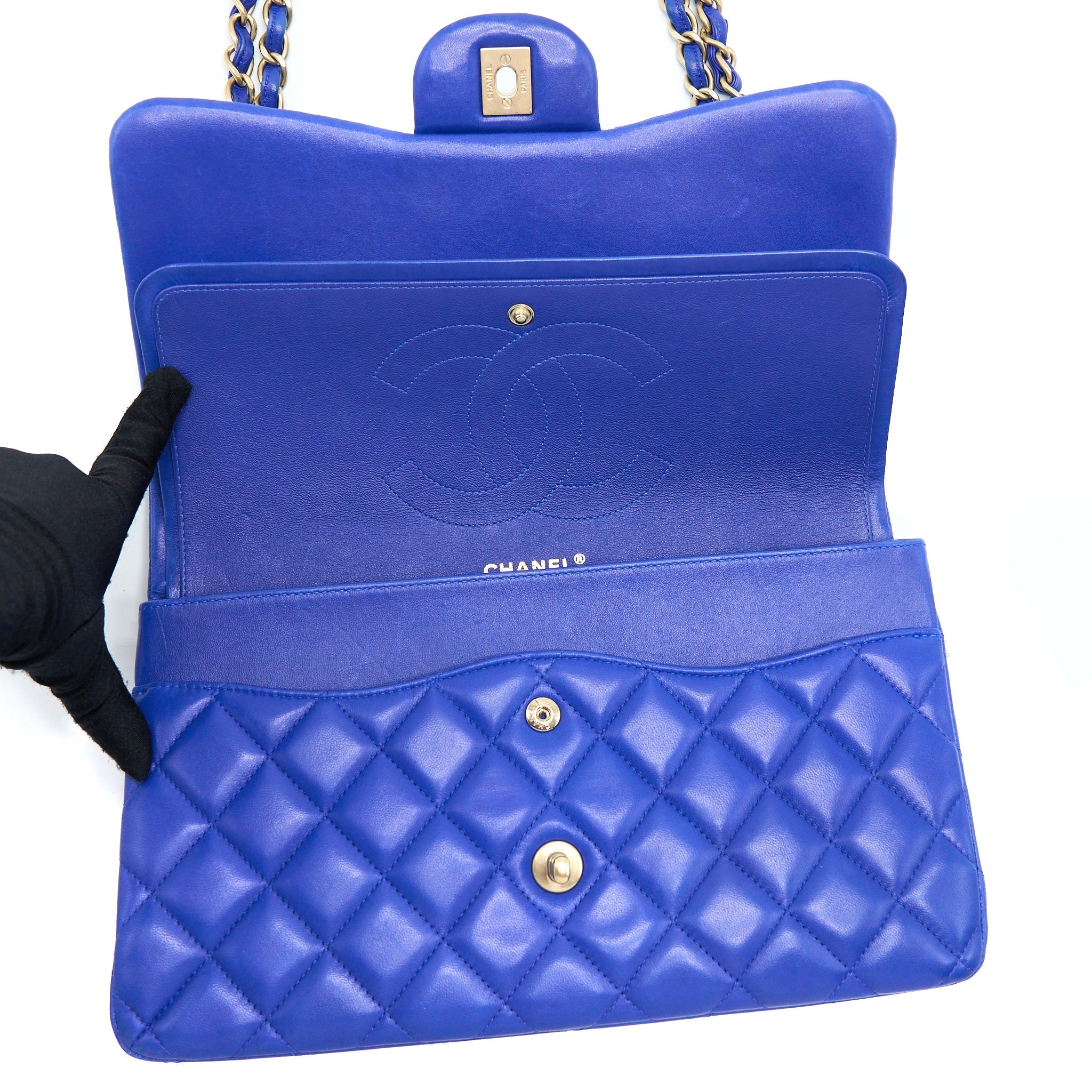 CHANEL JUMBO CLASSIC DOUBLE FLAP BAG LAMBSKIN BLUE BRUSHED GHW