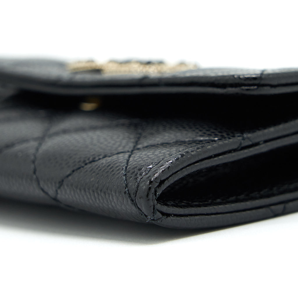 CHANEL 22S DETAILED LOGO MINI FLAP CARD HOLDER CAVIAR BLACK LGHW