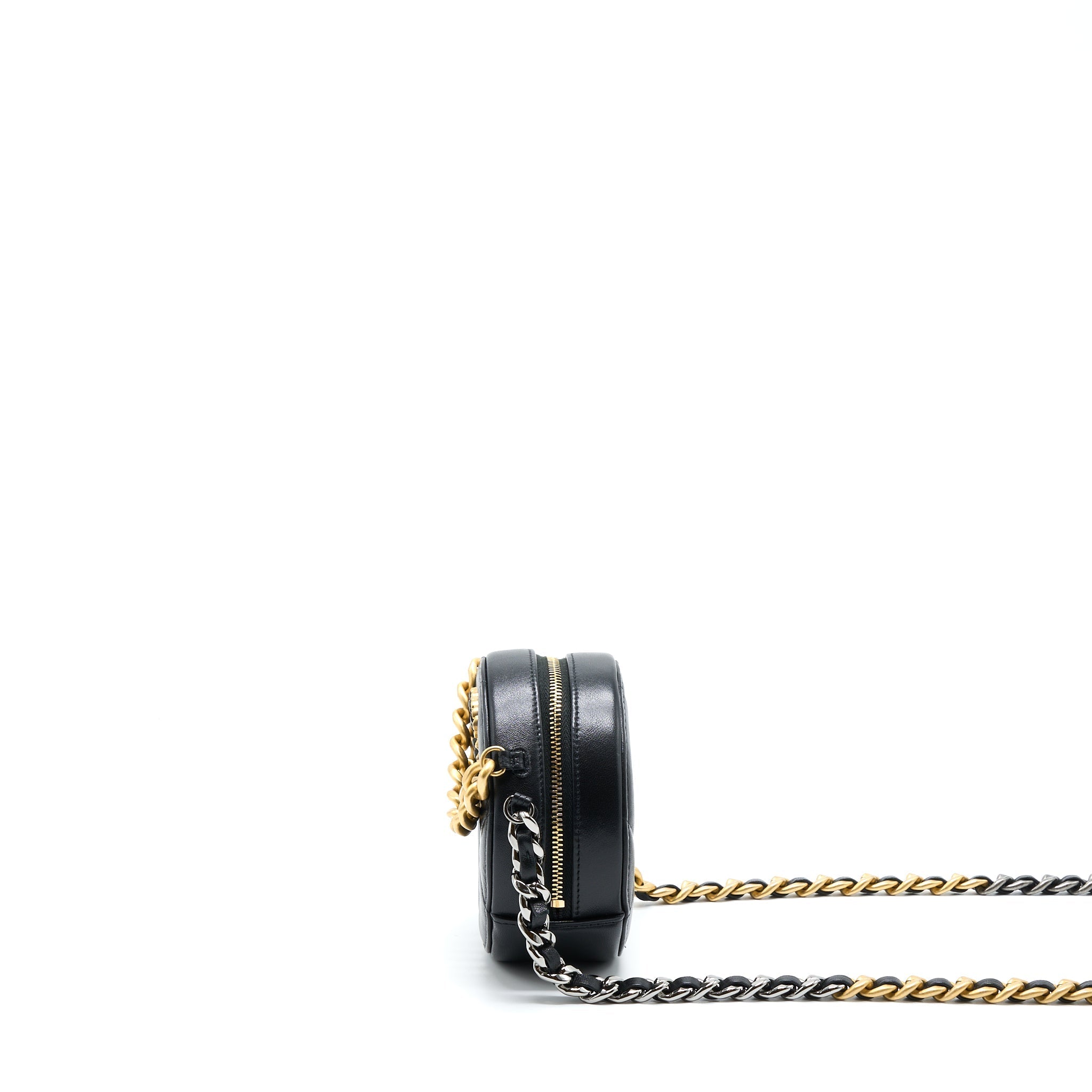 CHANEL 19 ROUND CLUTCH WITH CHAIN LAMBSKIN GOLD/SILVER HARDWARE
