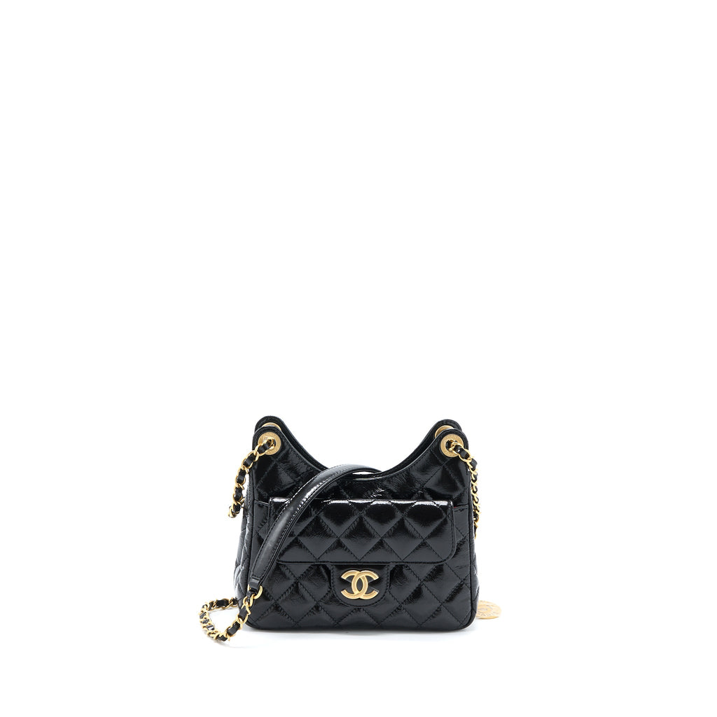CHANEL 23C SMALL HOBO BAG SHINY CALFSKIN BLACK BRUSHED GHW (MICROCHIP)