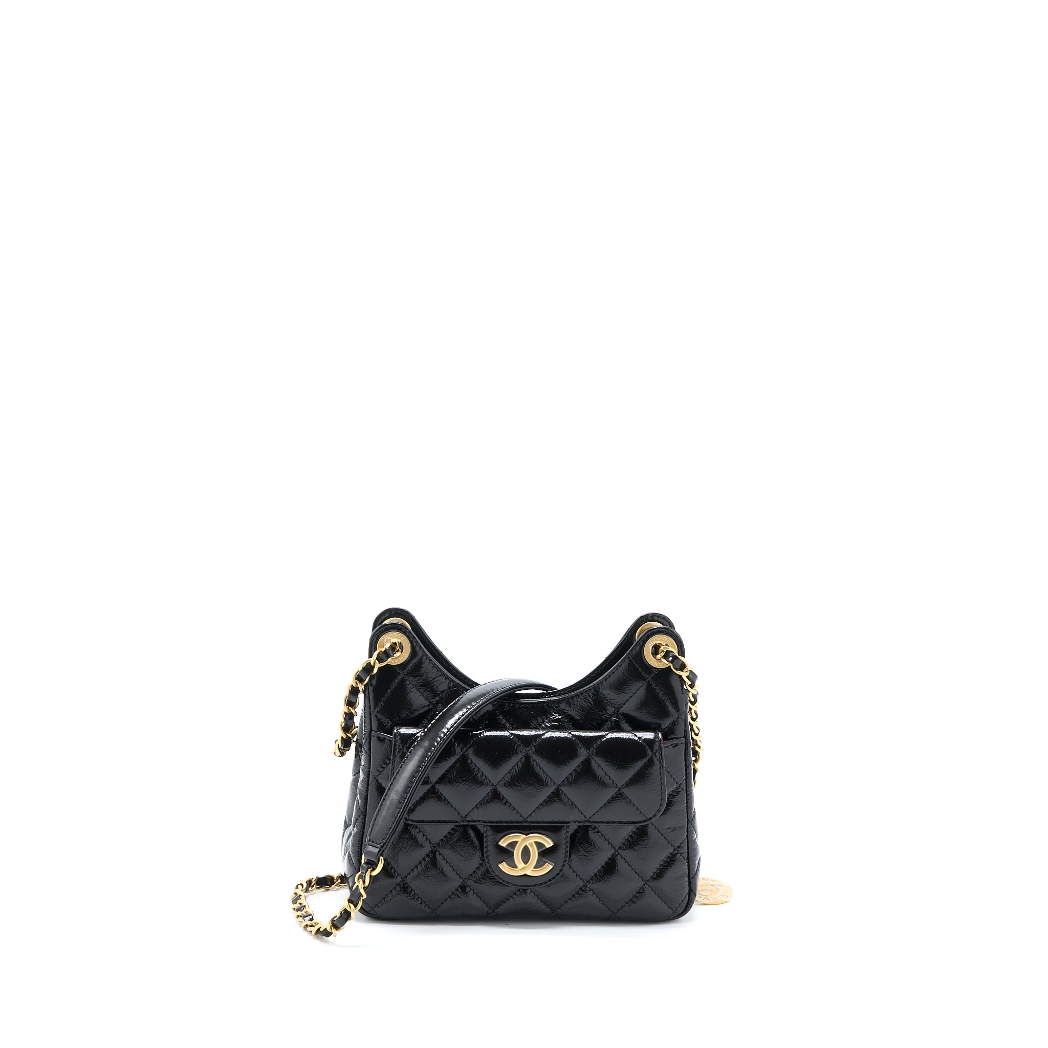 CHANEL 23C SMALL HOBO BAG SHINY CALFSKIN BLACK BRUSHED GHW (MICROCHIP)