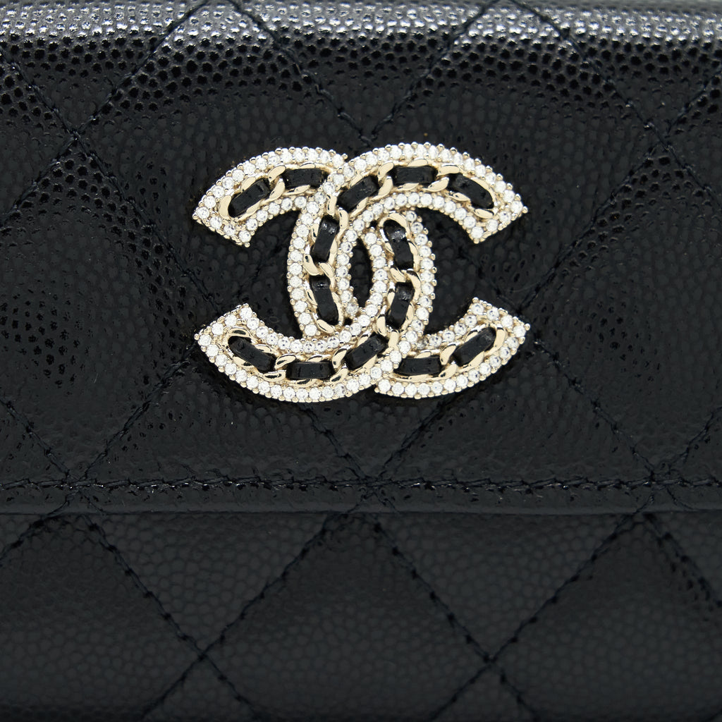 CHANEL 22S DETAILED LOGO MINI FLAP CARD HOLDER CAVIAR BLACK LGHW