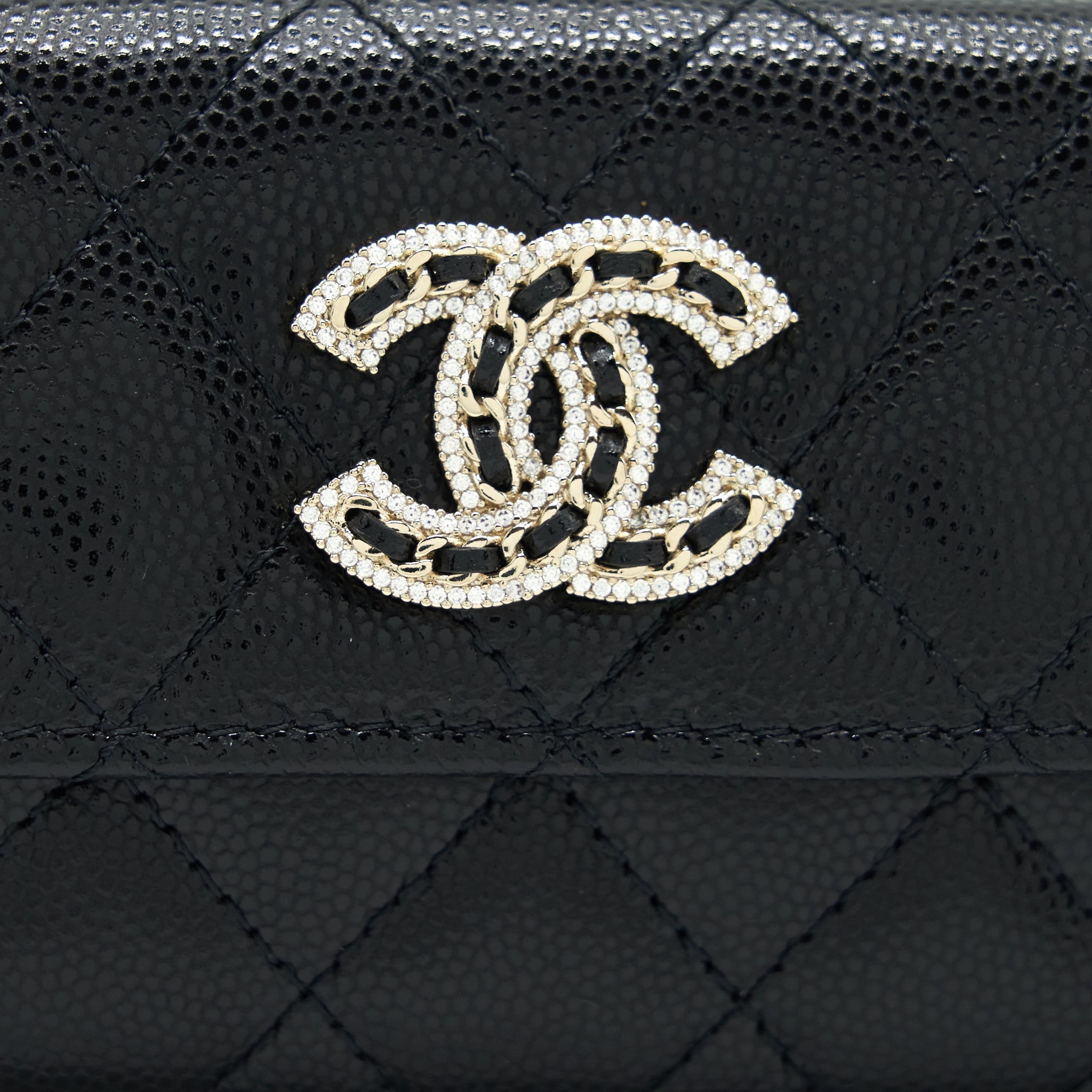 CHANEL 22S DETAILED LOGO MINI FLAP CARD HOLDER CAVIAR BLACK LGHW
