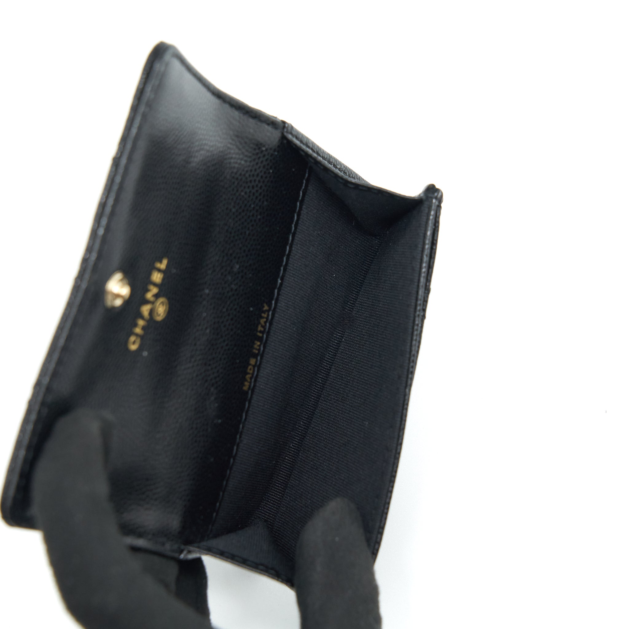 CHANEL 22S DETAILED LOGO MINI FLAP CARD HOLDER CAVIAR BLACK LGHW