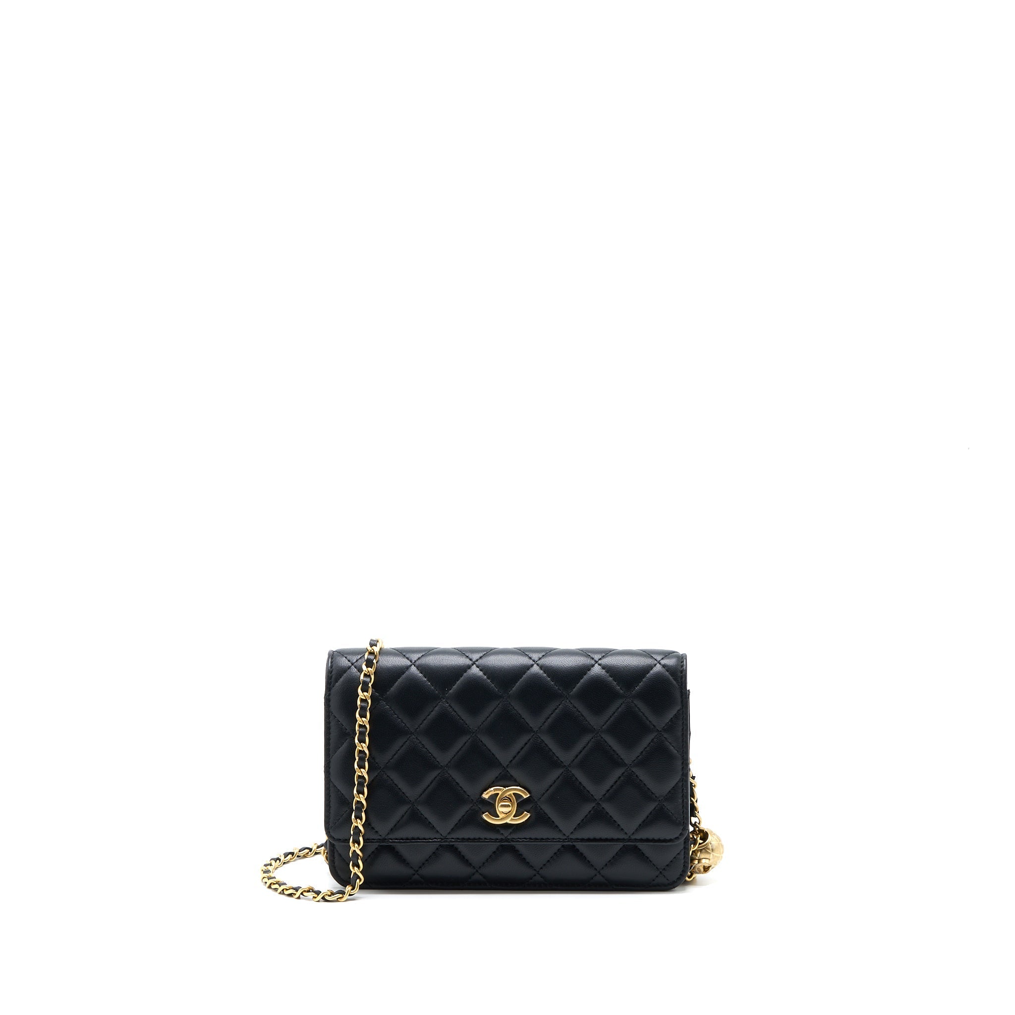CHANEL PEARL CRUSH WALLET ON CHAIN LAMBSKIN BLACK GHW (MICROCHIP)