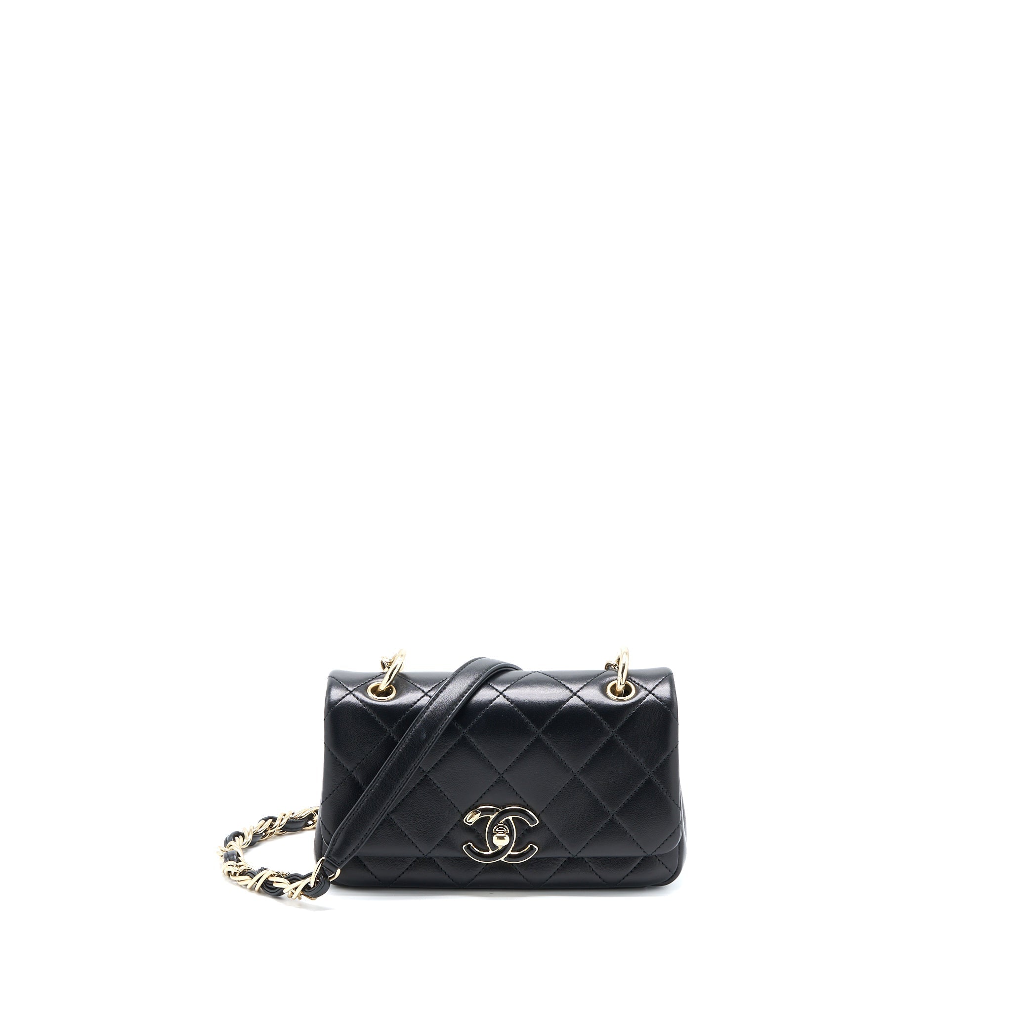 CHANEL ENAMEL CC LOGO QUILTED RECTANGULAR FLAP BAG LAMBSKIN BLACK LGHW