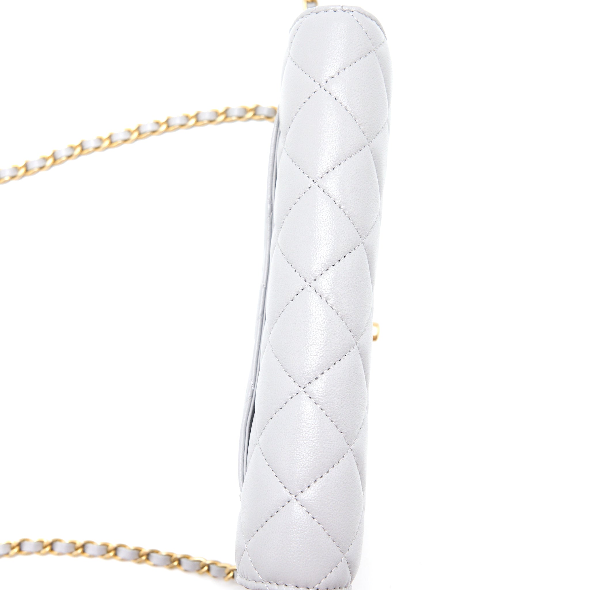 CHANEL PEARL CRUSH WALLET ON CHAIN LAMBSKIN LIGHT GREY GHW (MICROCHIP)